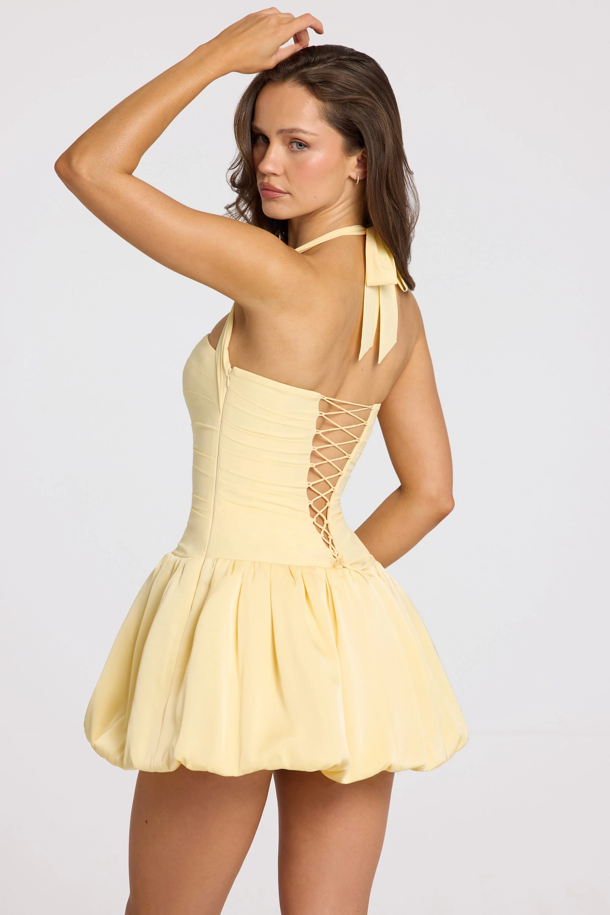 Halterneck Lace-Up Bubble Hem Corset Micro Mini Dress In Butter Yellow