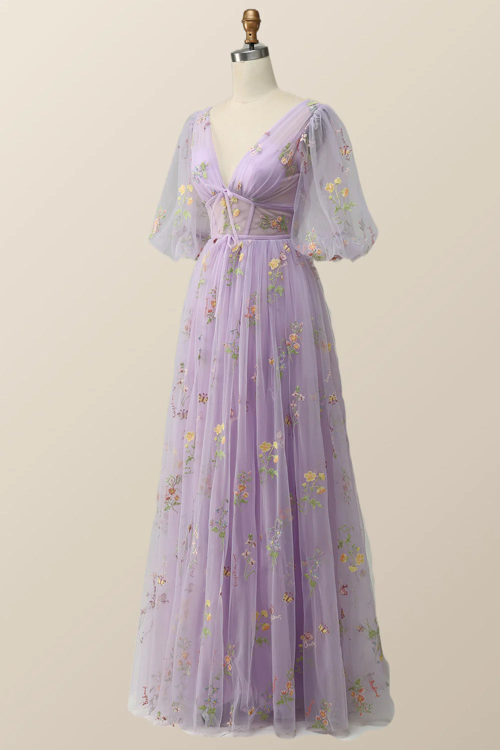 Puffy Sleeves Lavender Tulle Floral Embroidery Formal Dress