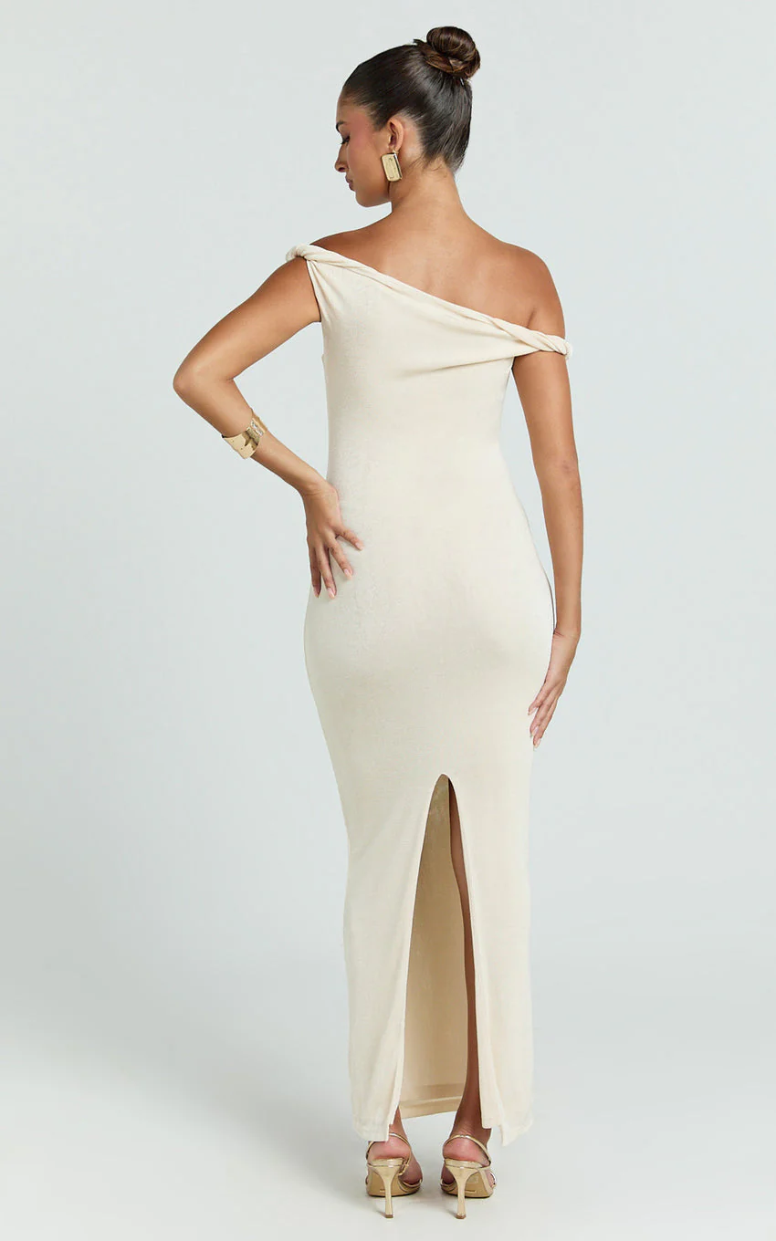 Isabel Midi Dress - Twist Off Shoulder Bodycon Dress in Cream