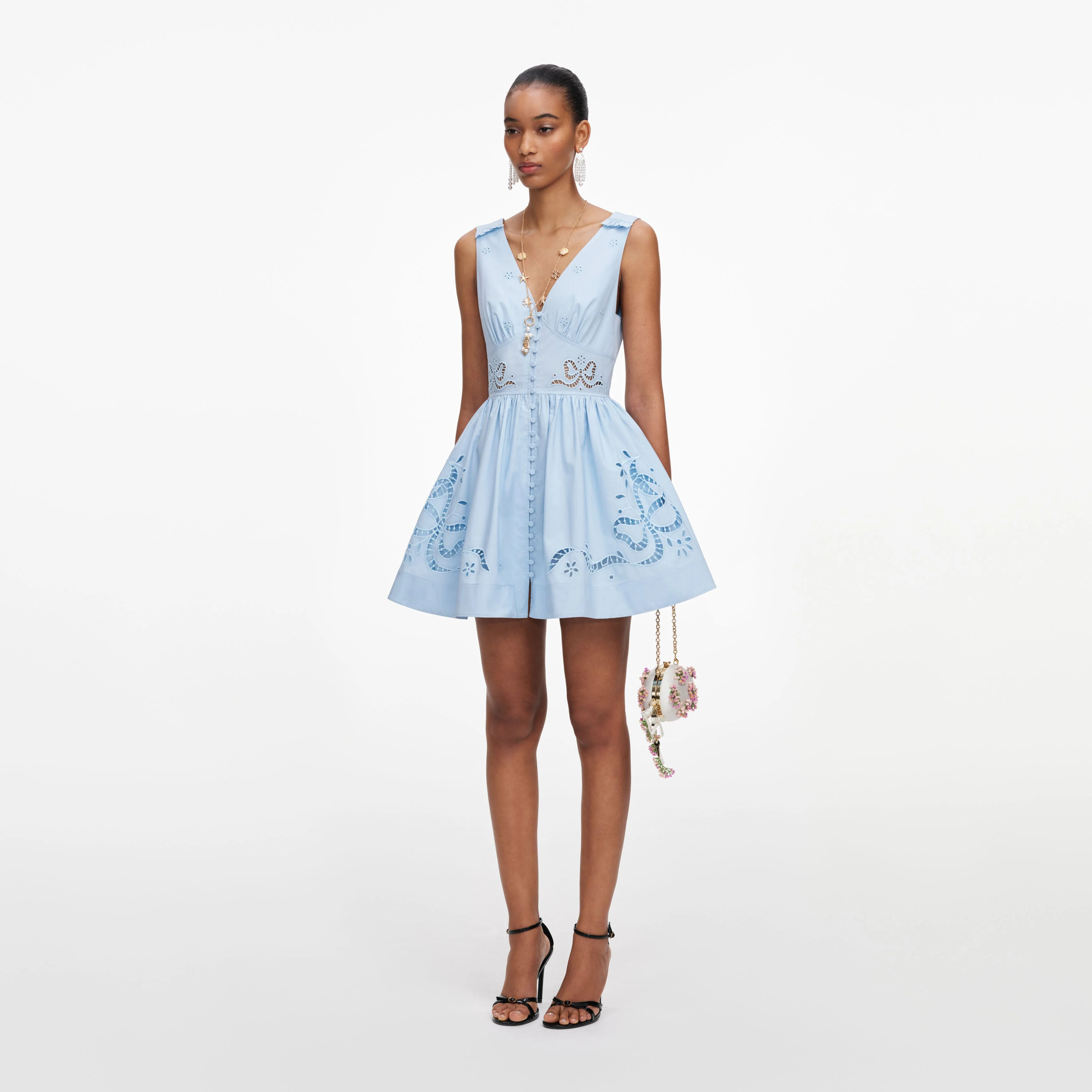 Blue Cotton Embroidered Mini Dress