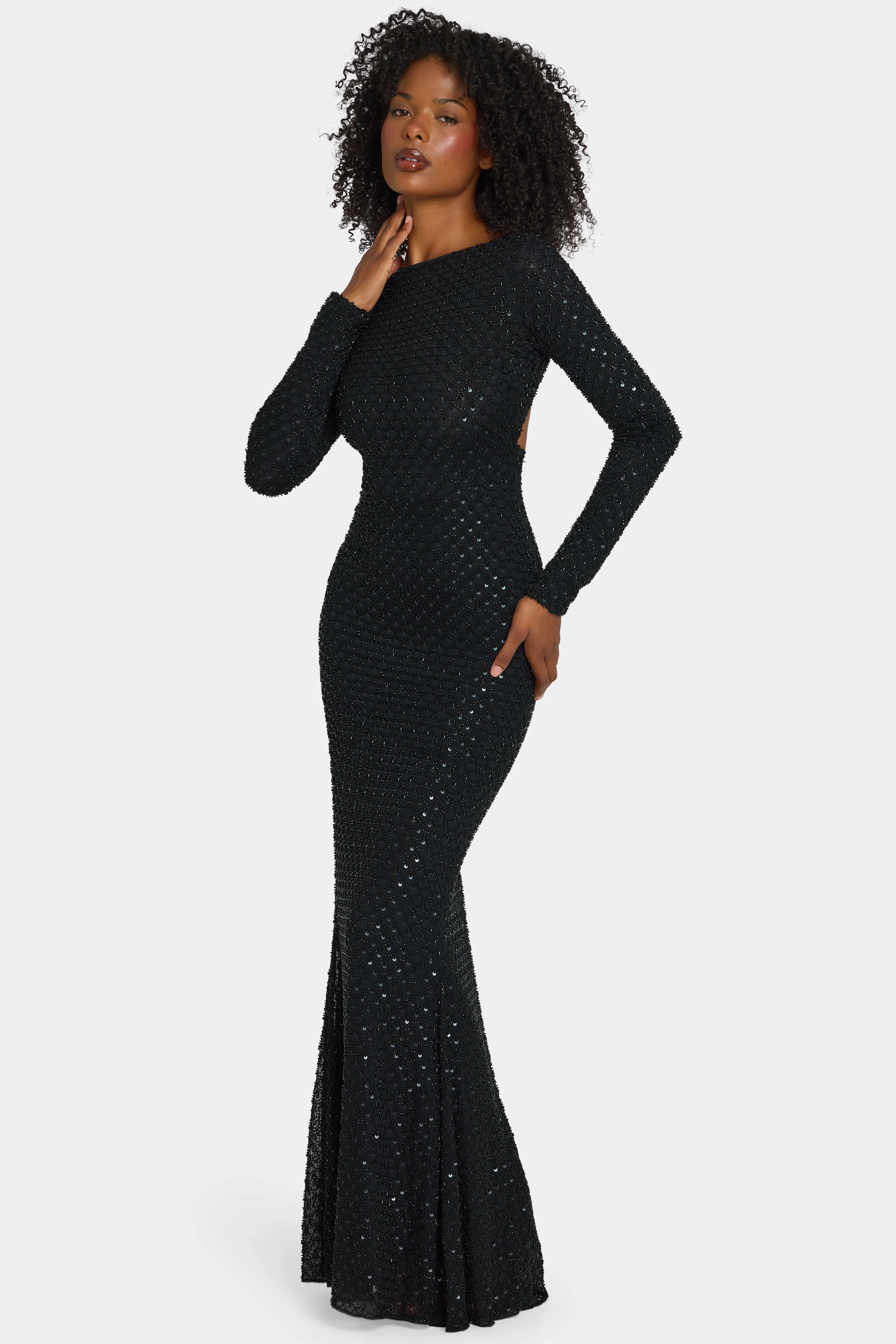 Embellished Open-Back Gown in Black