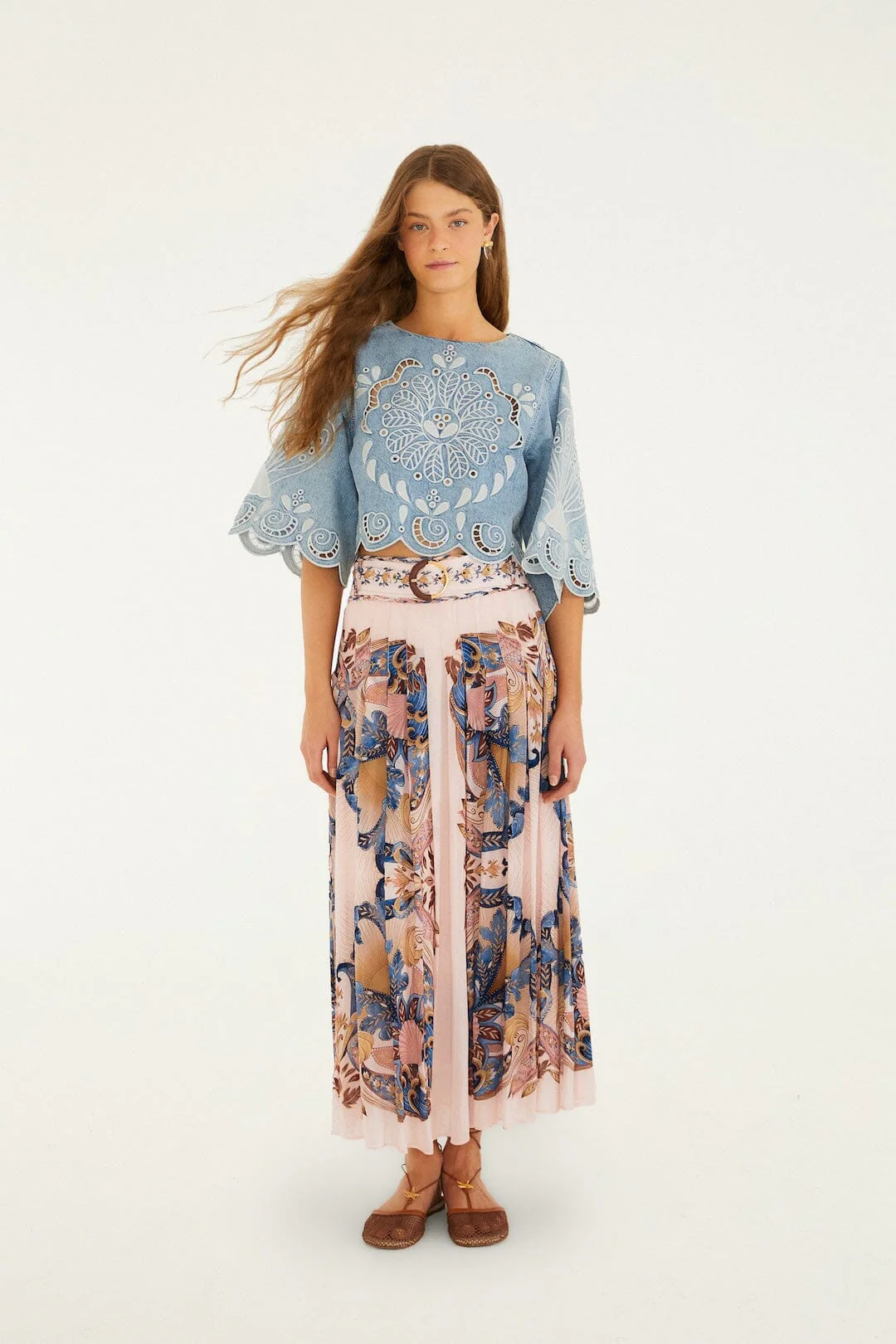 Soft Pink Sea Garden Scarf Pleated Maxi Skirt