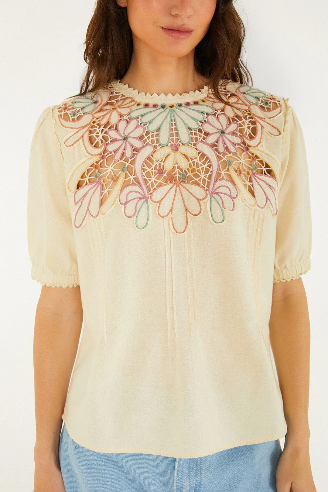 Beige Flower Embroidery Short Sleeve Blouse