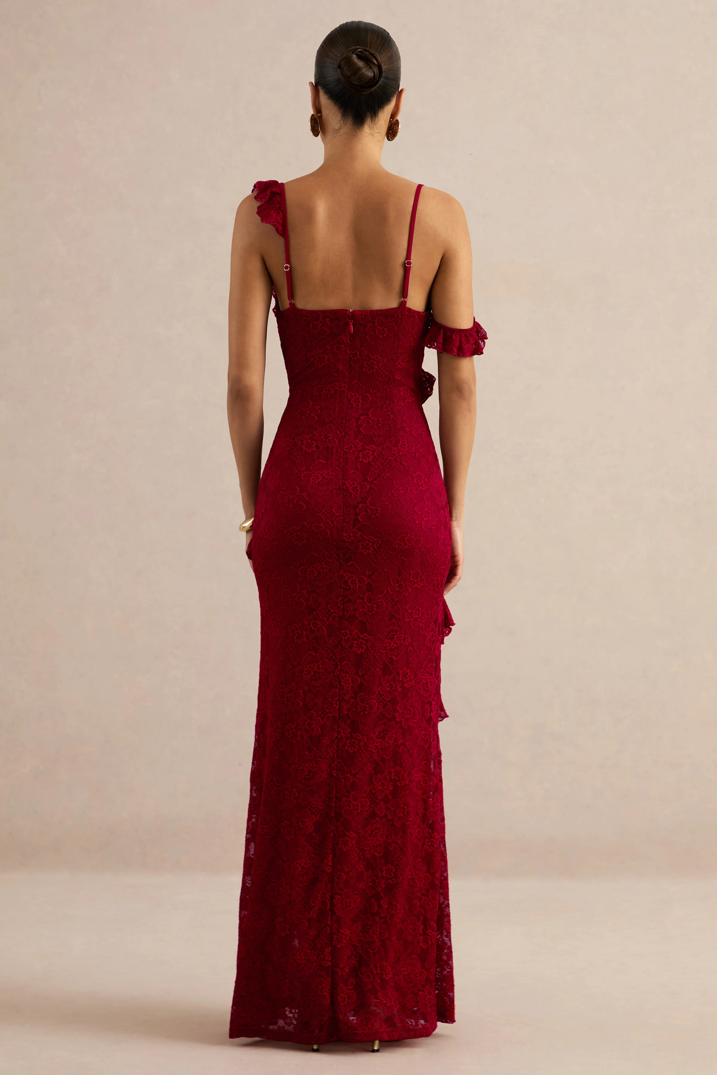 Sera | Red Lace Ruffle Trim Maxi Dress