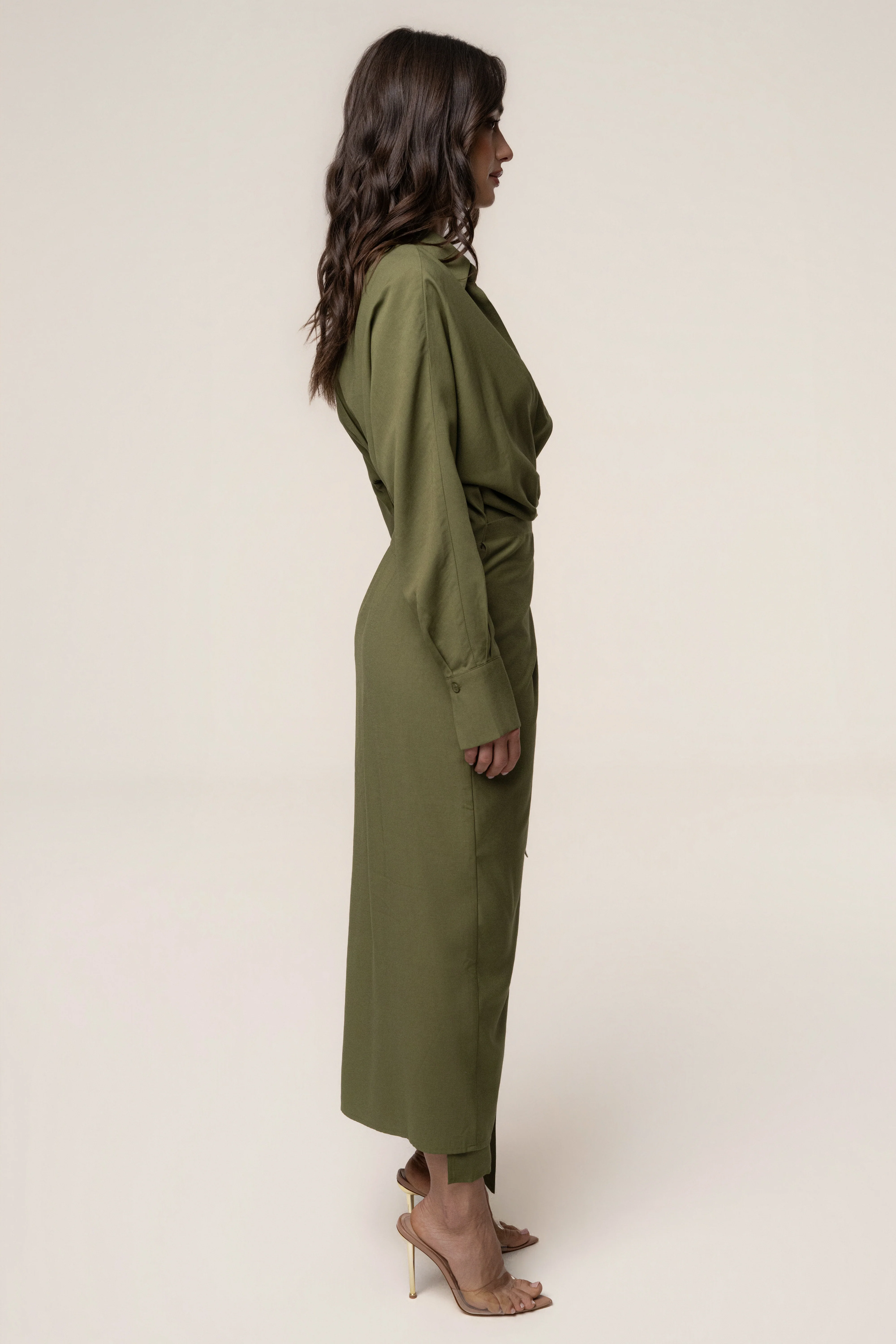 Olive Skyline Wrap Midi Dress