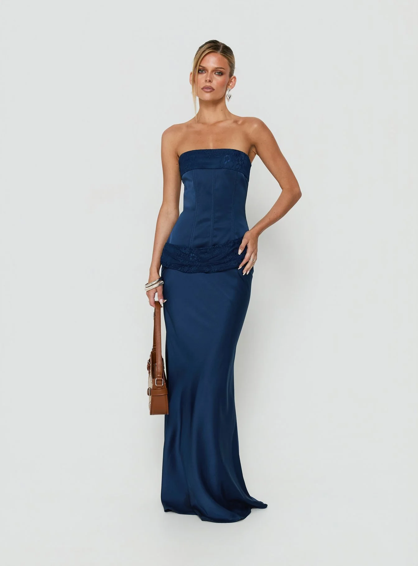 Sura Strapless Lace Detail Maxi Dress Navy