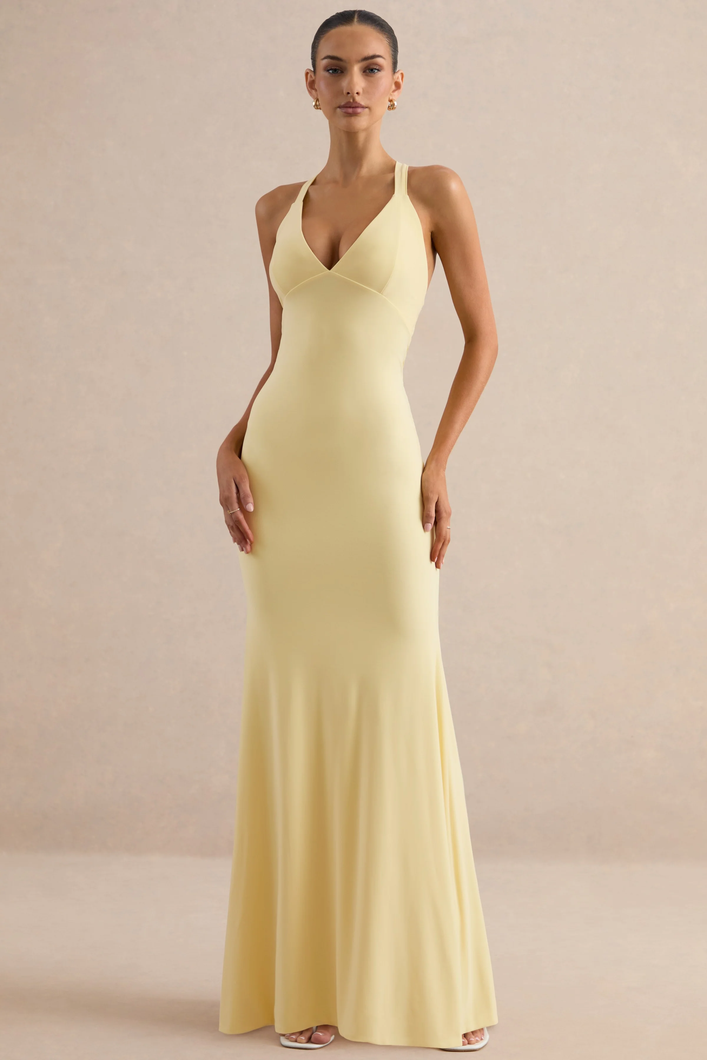 Goldiea | Lemon Halter-Neck Fishtail Maxi Dress