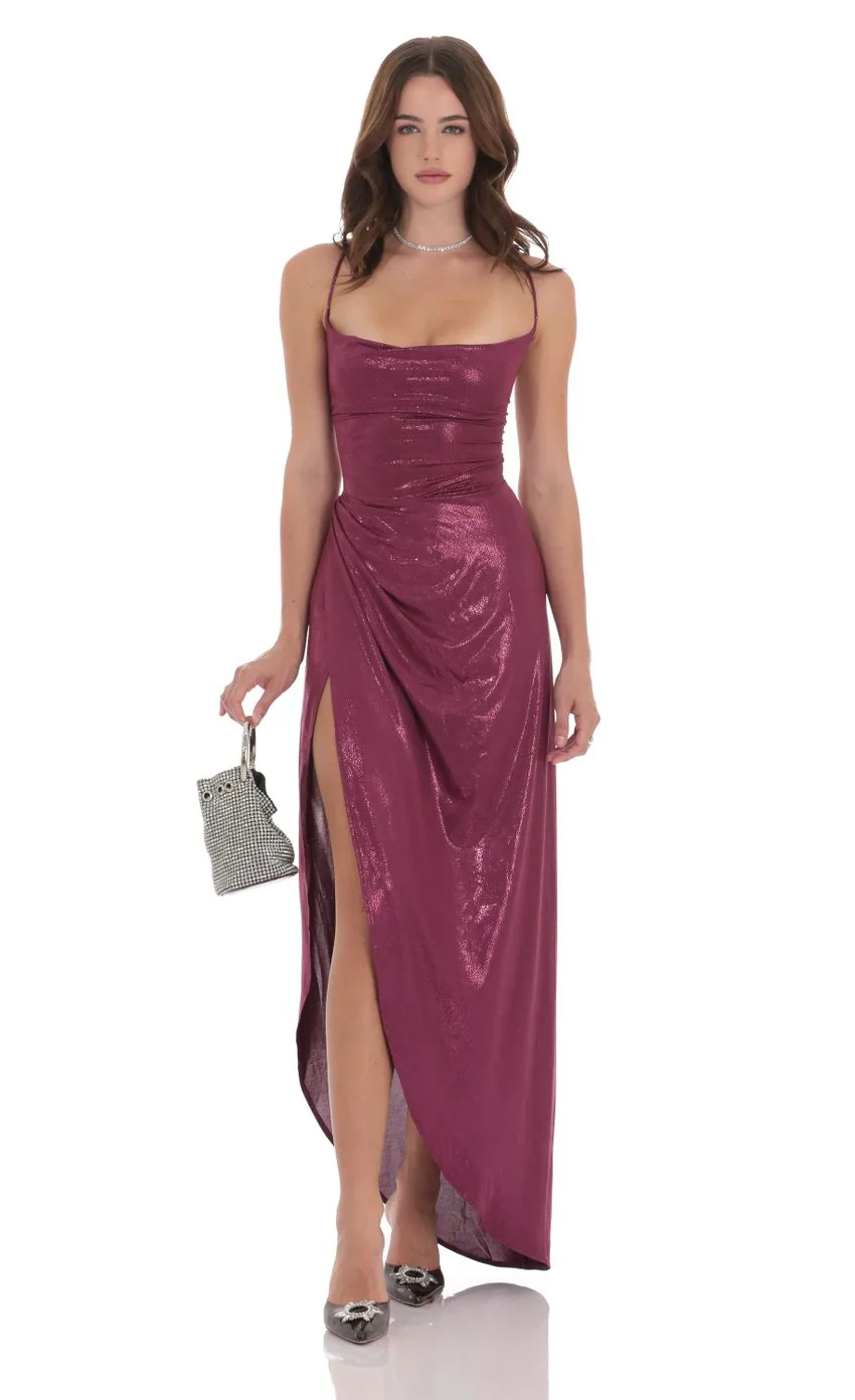 Foiled Asymmetrical Maxi Dress in Plum