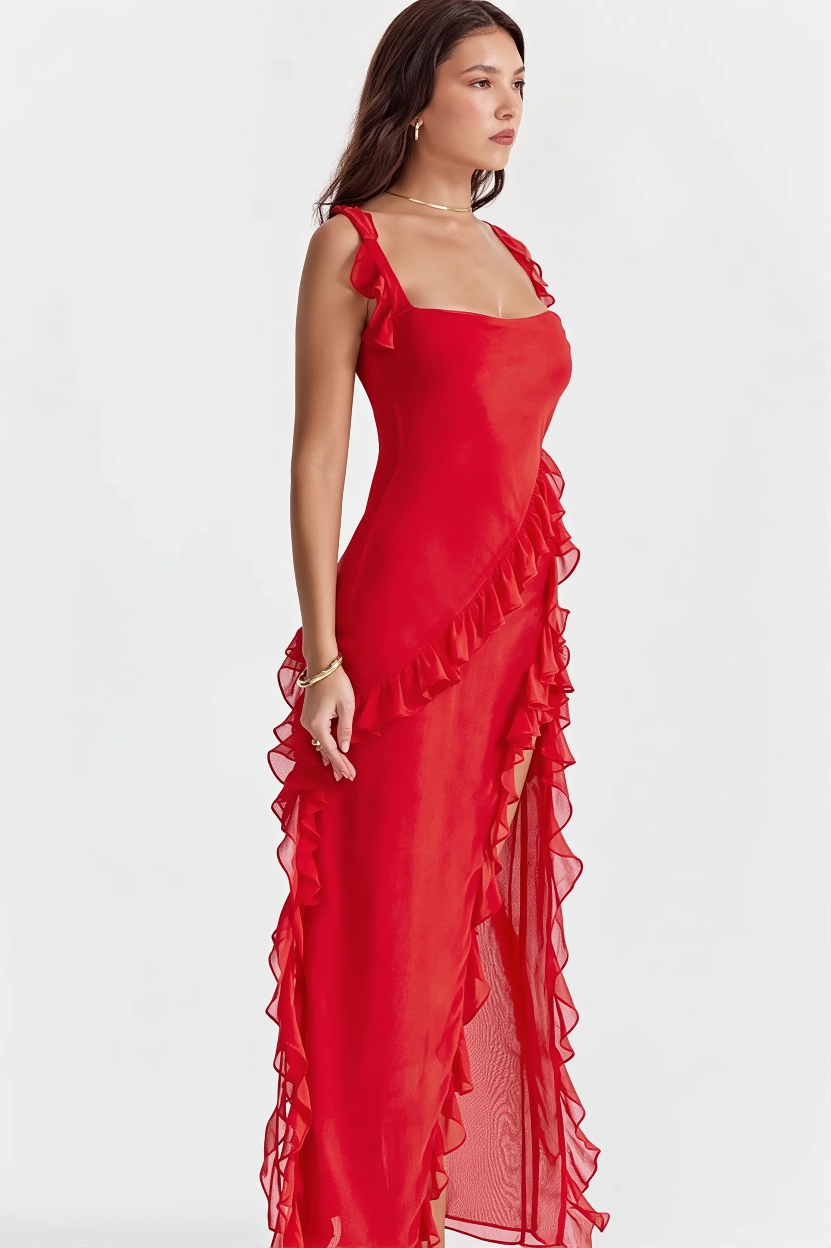 Ribbon Ruffle Splice Slit Maxi Dress