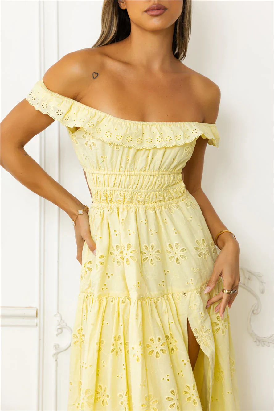 Secrets You Keep Off Shoulder Embroidered Maxi Dress Yellow