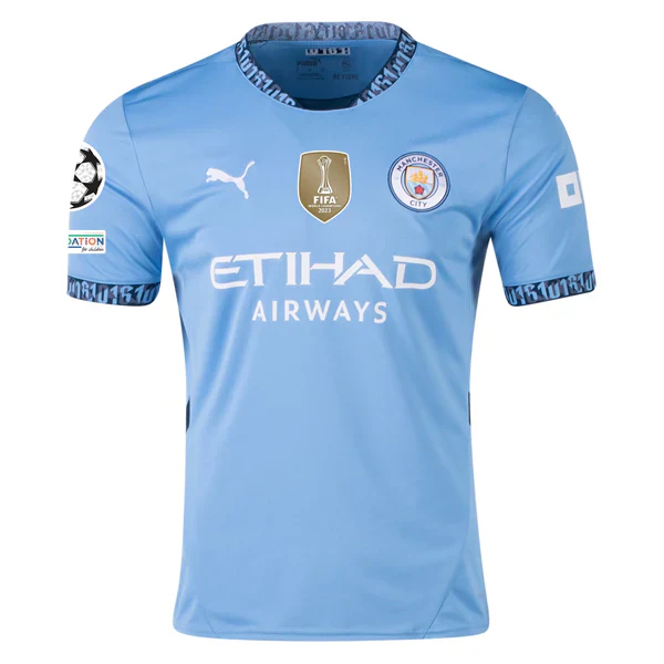 Manchester City Home Jersey w/ Champions League + Club World Cup Patch 24/25 (Team Light Blue/Marine Blue)
