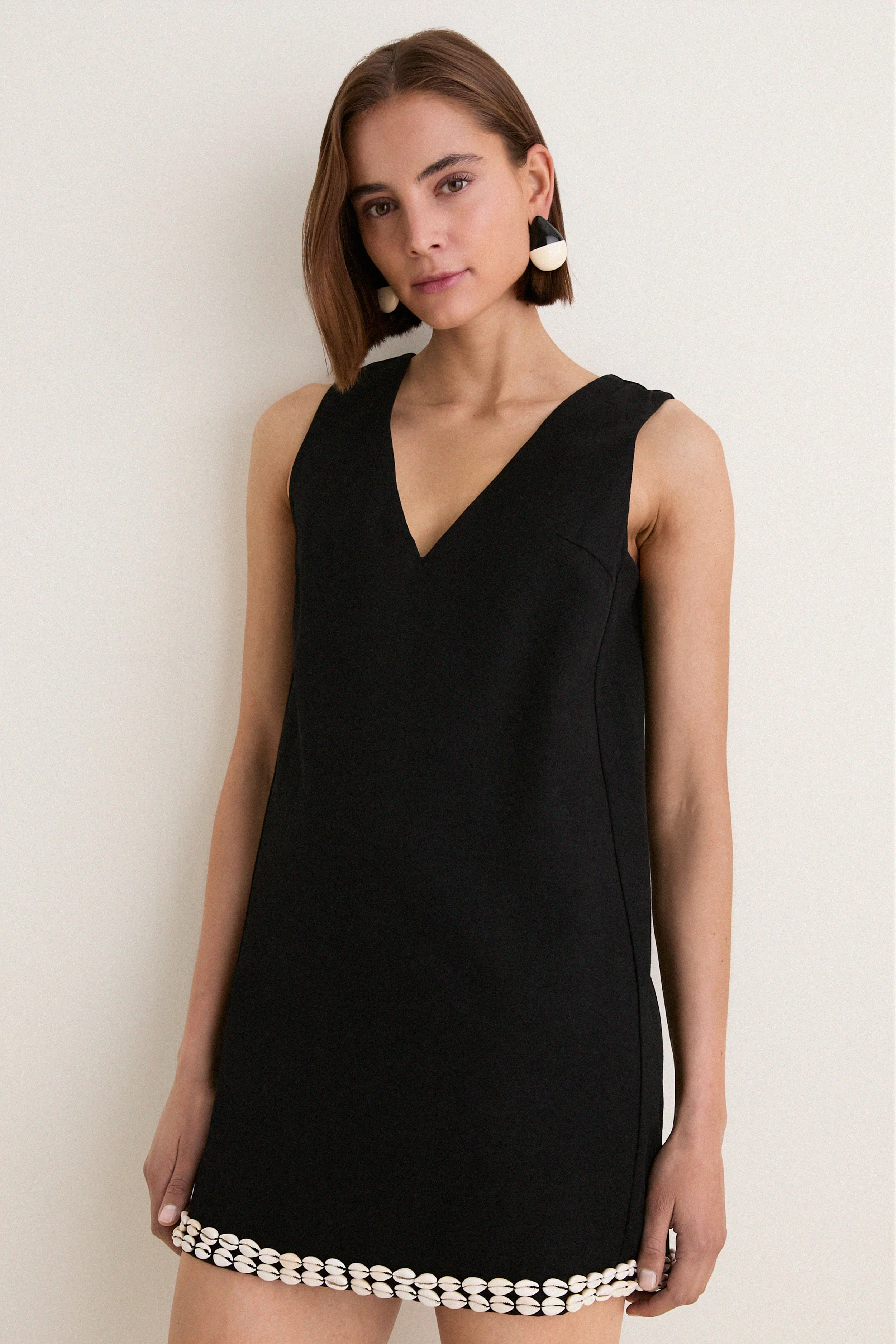 Black & Puka Shell Trim Solene Mini Dress