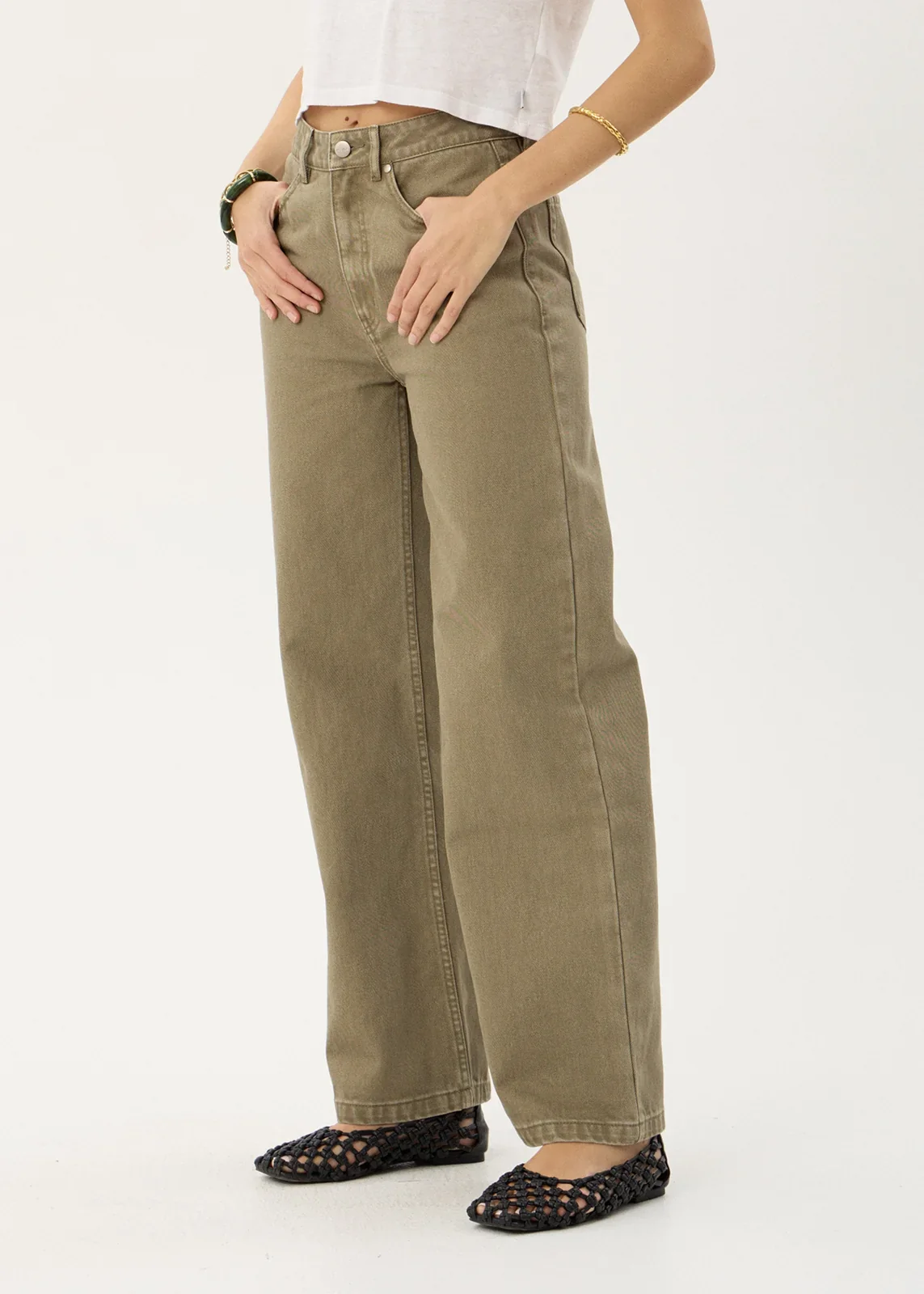 AFENDS Womens Bella - Denim Wide Leg Jean - Washed Olive