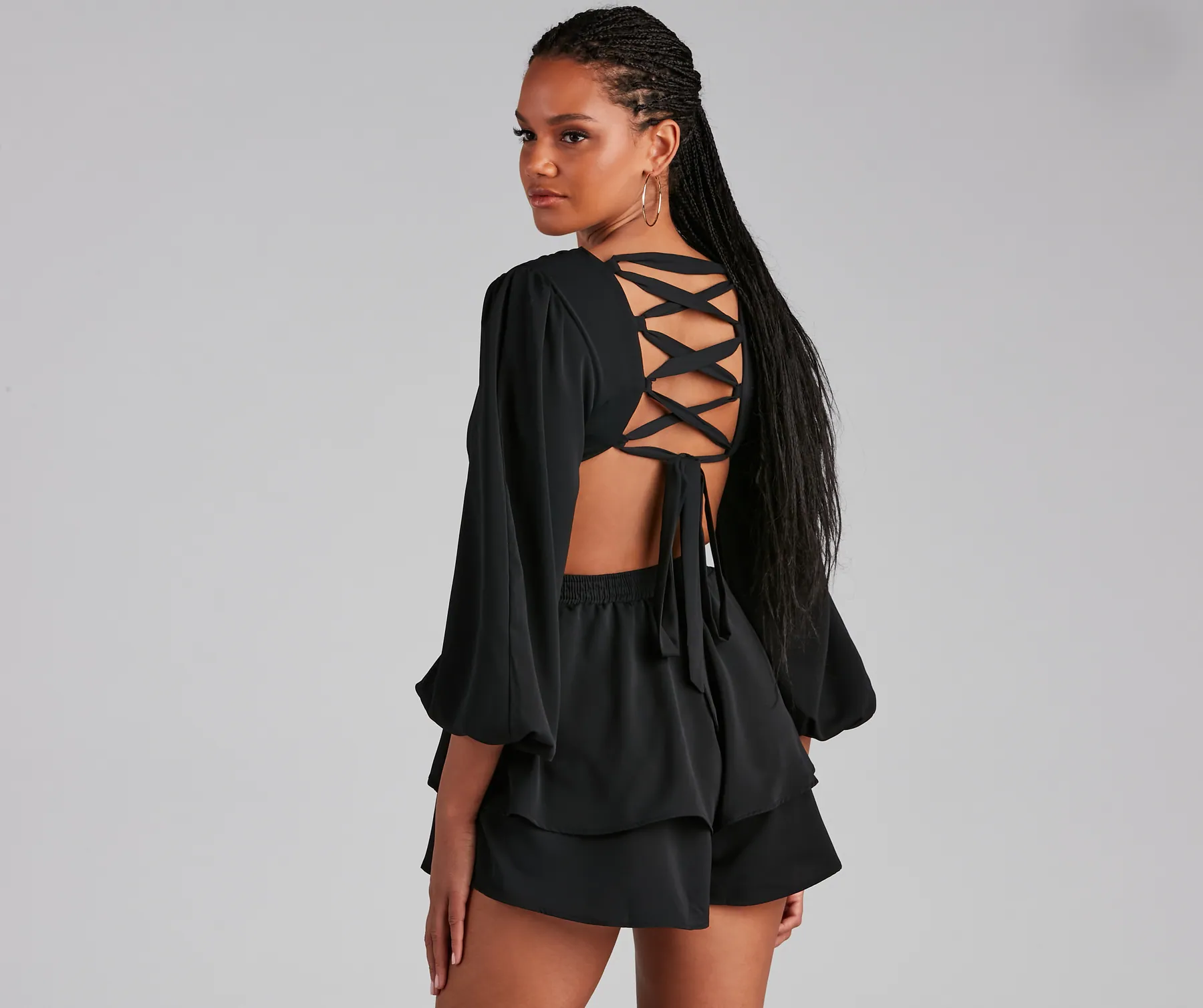 Out Of Town Lace-Up Chiffon Romper