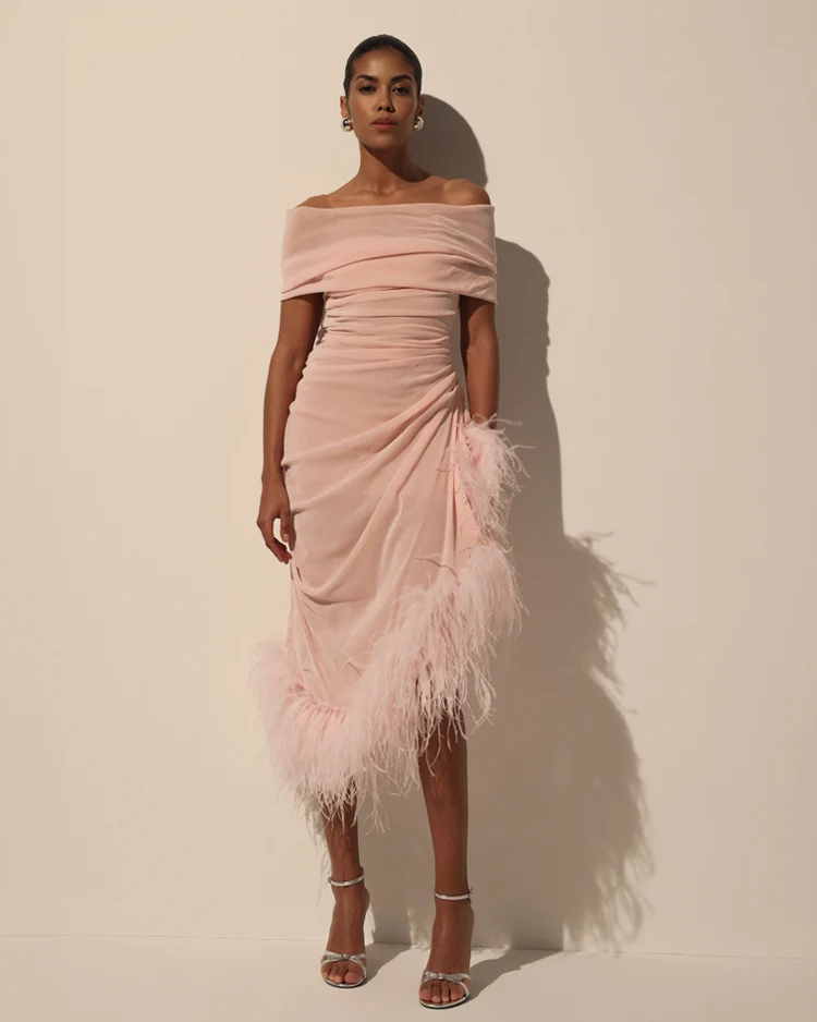 Velvet Pink Midi Dress with Feathers