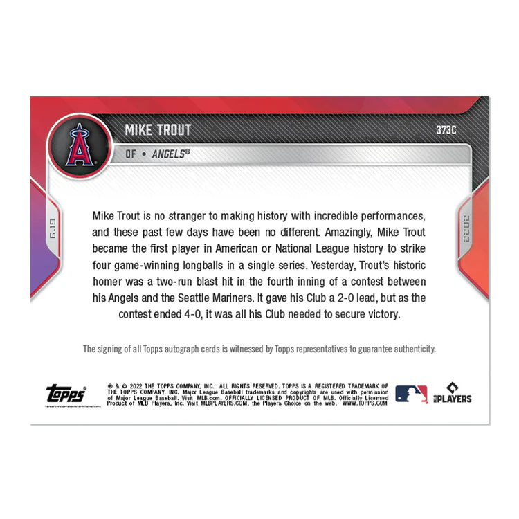 On-Card Auto # to 25 - Mike Trout - 2022 MLB TOPPS NOW® Card 373C