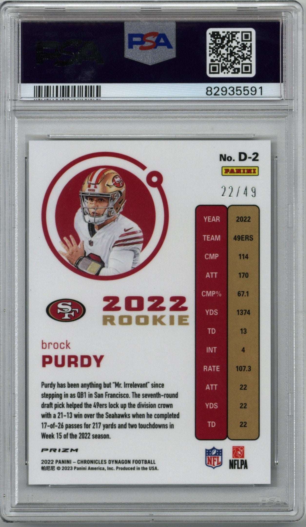 2022 Panini Chronicles Green Brock Purdy Card #D-2 22/49 PSA 10