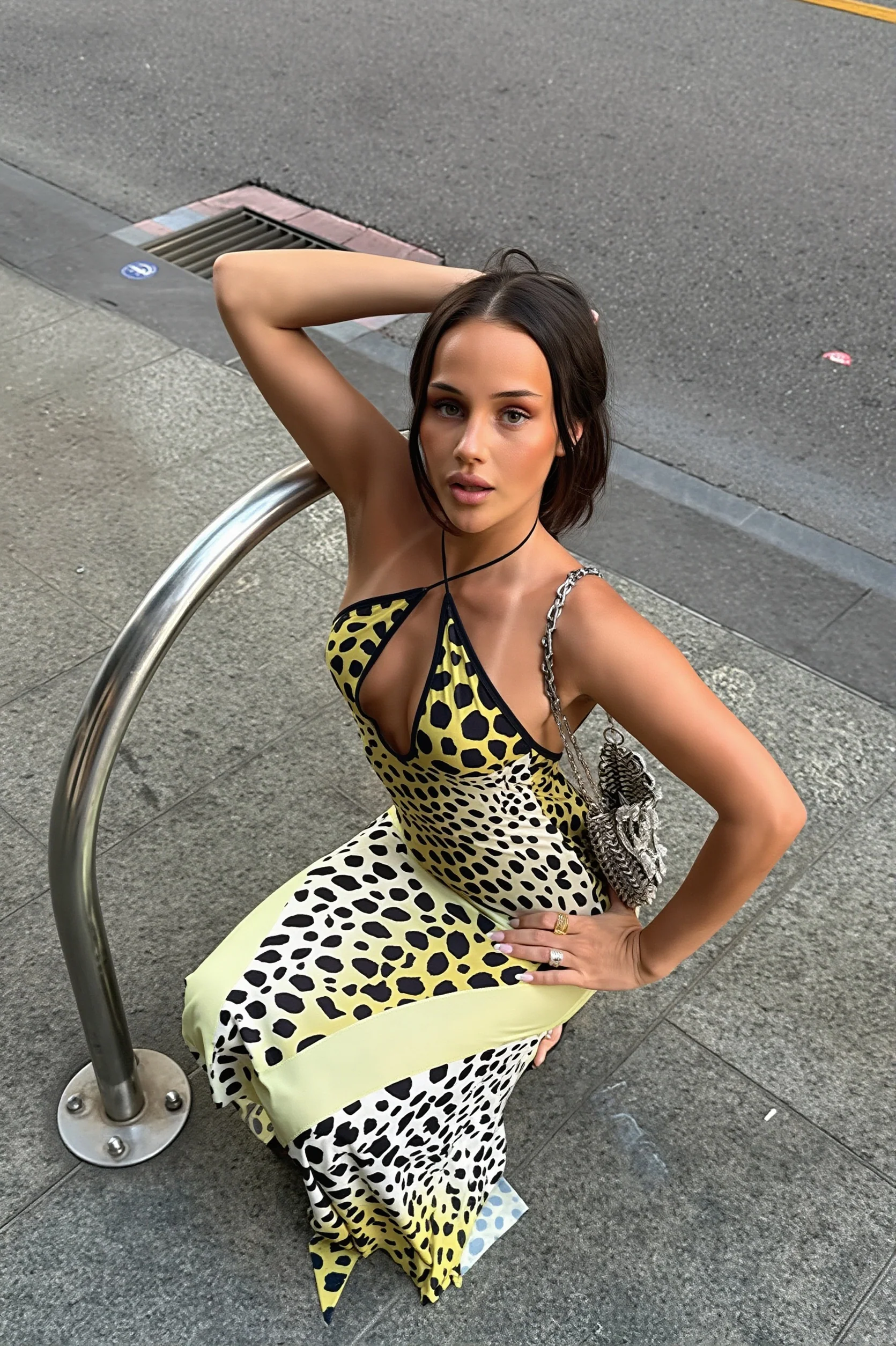 Sexy Leopard Halter Bust Cutout Back Slit Asymmetrical Maxi Dress