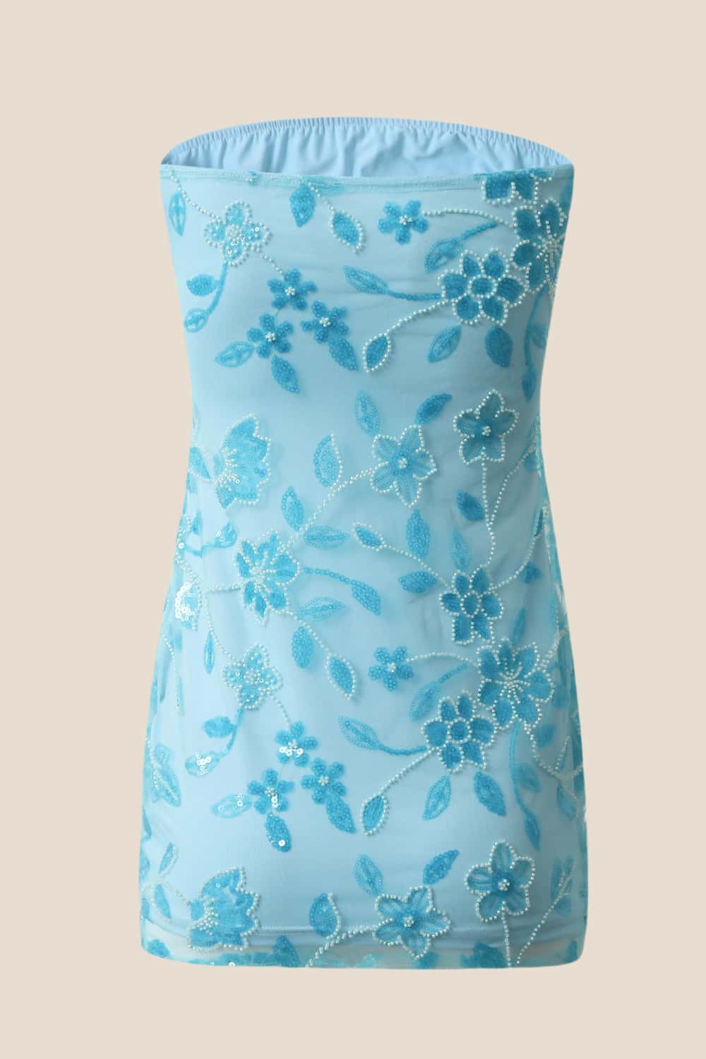 Blue Beaded Strapless Fitted Short Dress