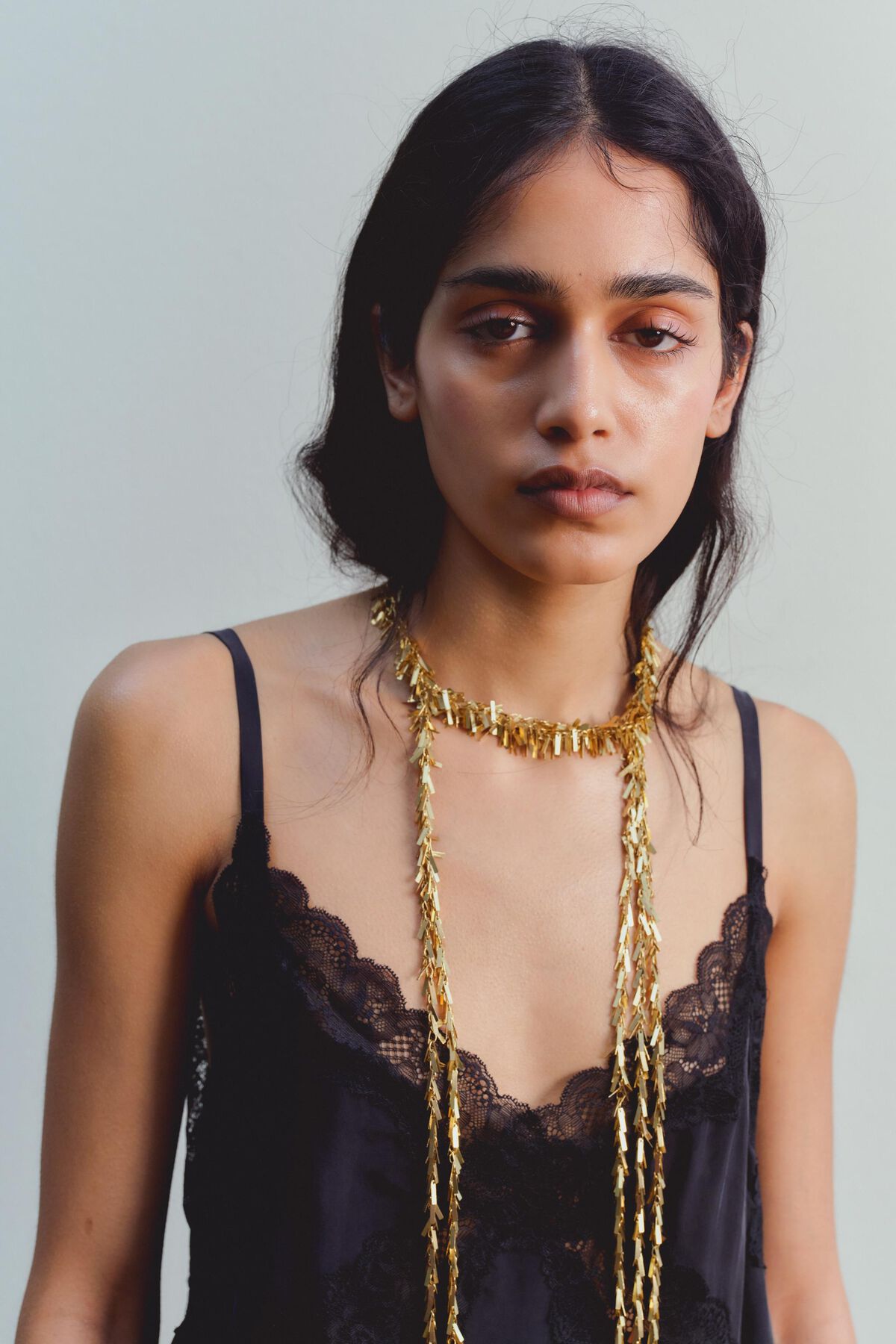 Aged gold metal chain necklace with fringe