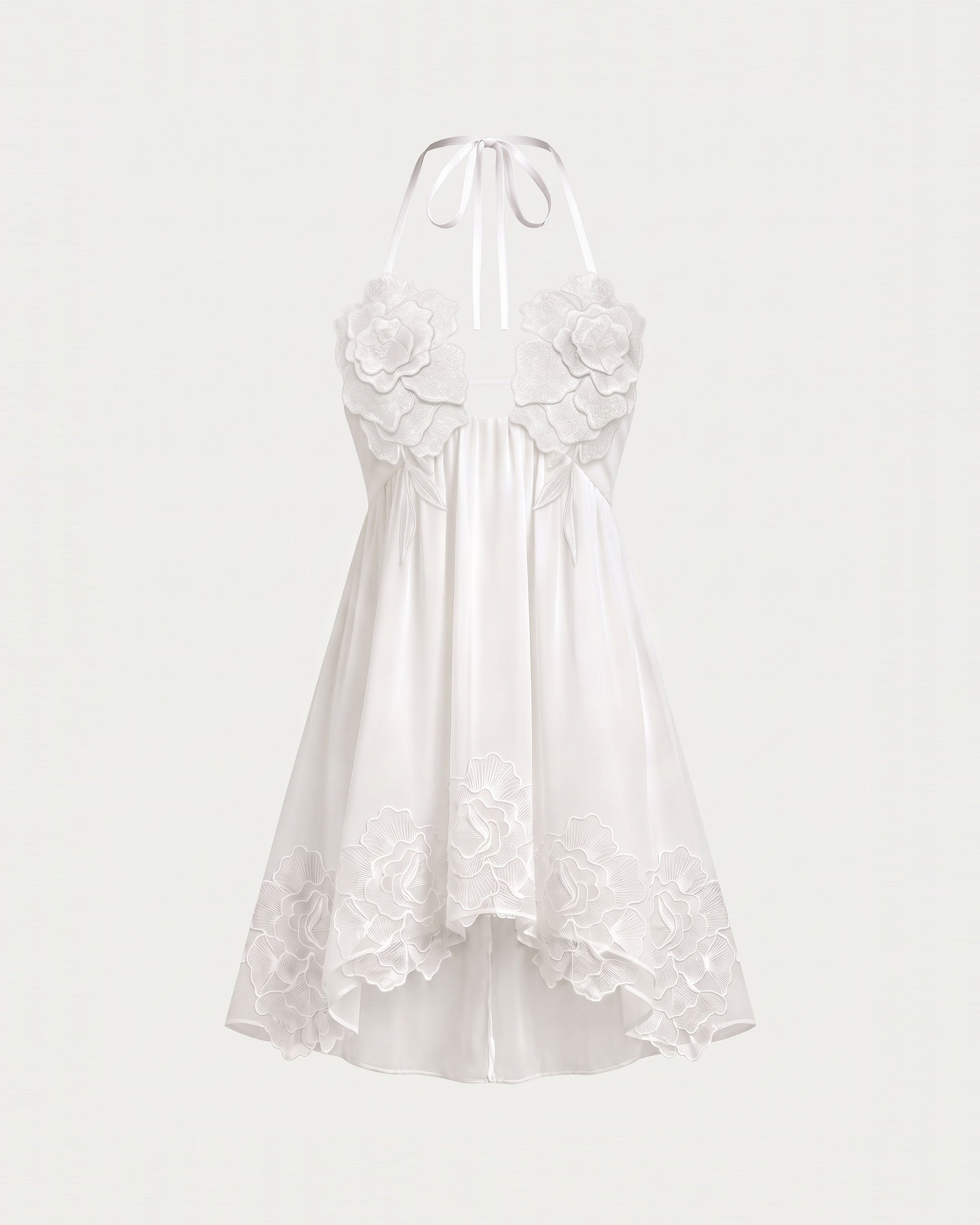Flower Embroidered Halter Babydoll Mini Dress - White