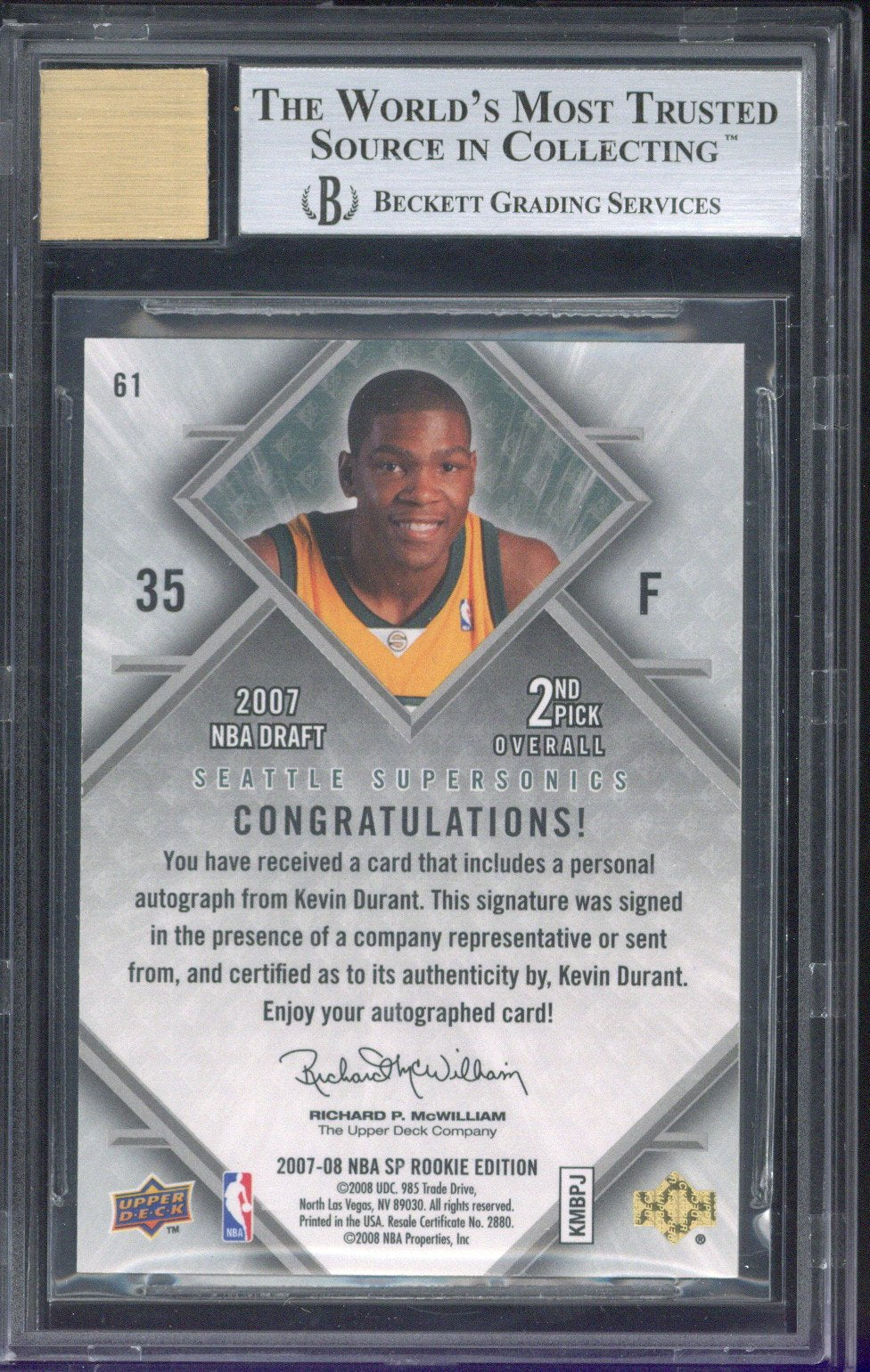 2007-08 SP Rookie Edition Kevin Durant Rookie Autographs #61 BGS 9 AUTO 9