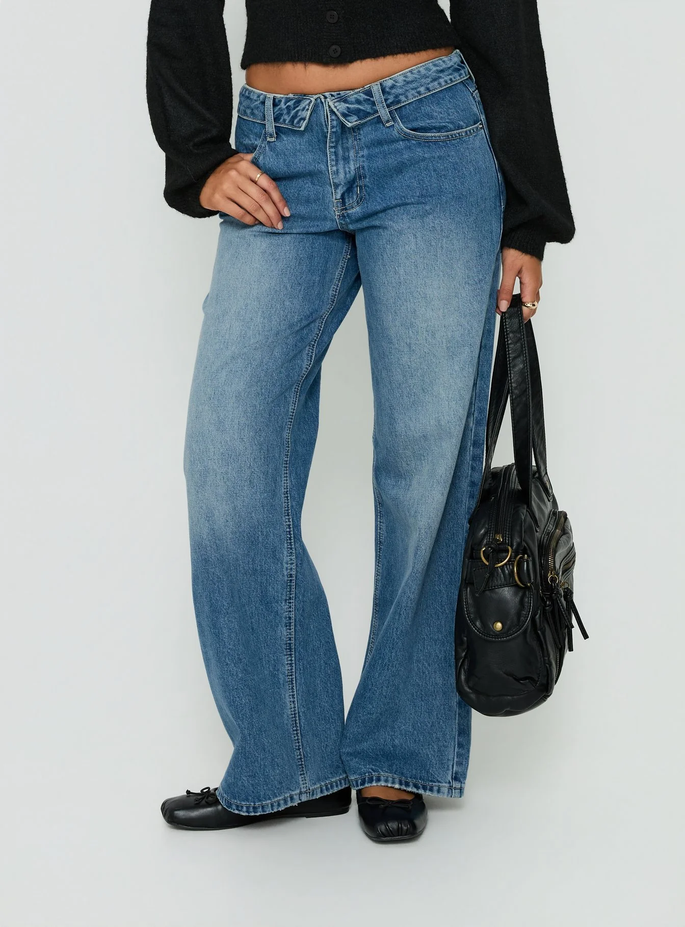 Serenitia Mid Rise Foldover Relaxed Jeans Vintage Mid Blue