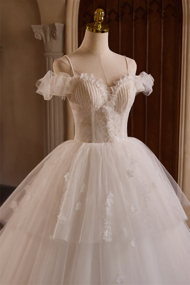 Off the Shoulder Ivory Appliques Tiered Ball Gown