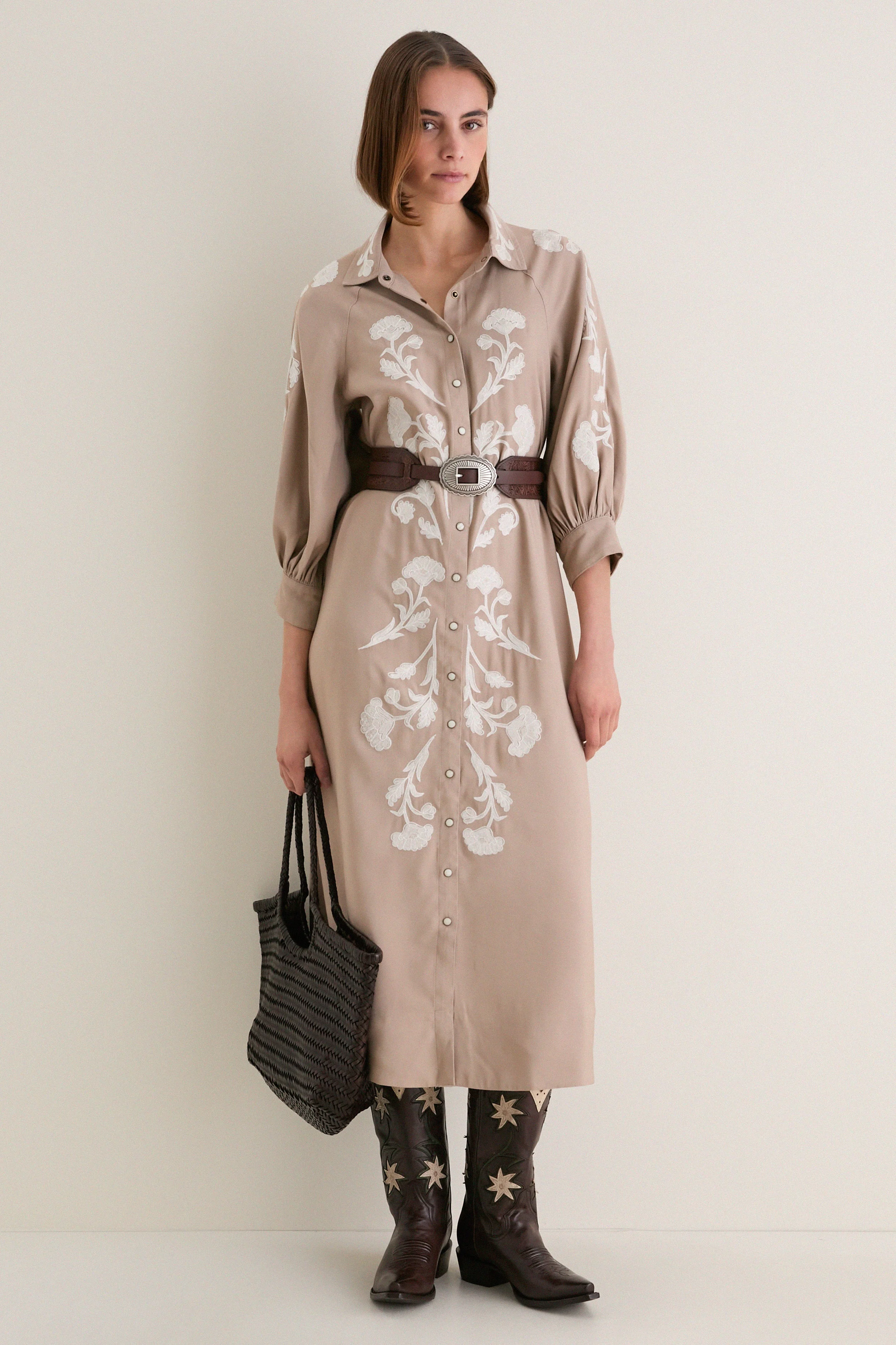 Soft Tan Western Embroidered Herd Dress