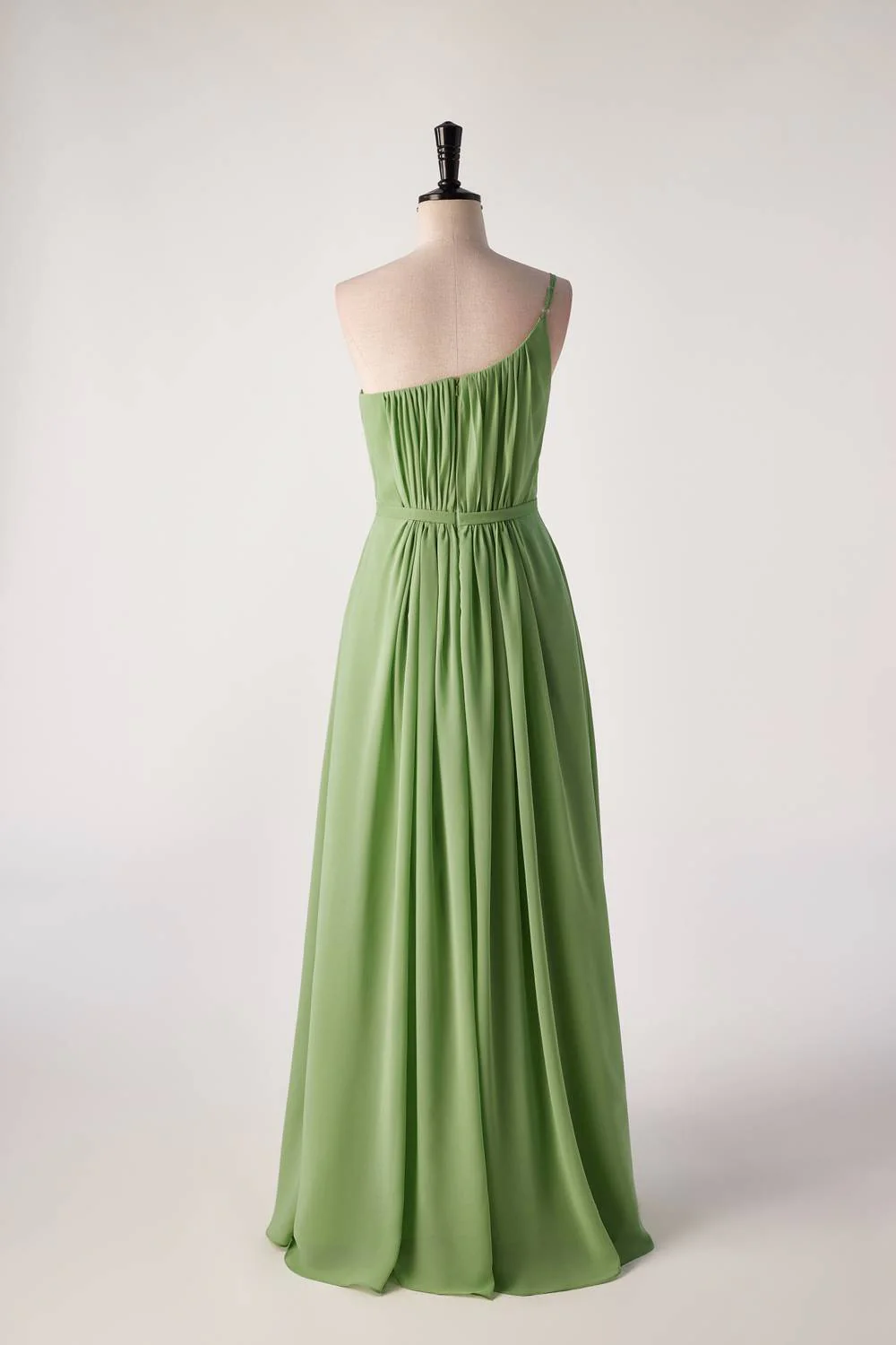 One Shoulder Matcha Green Long Bridesmaid Dress with Sash