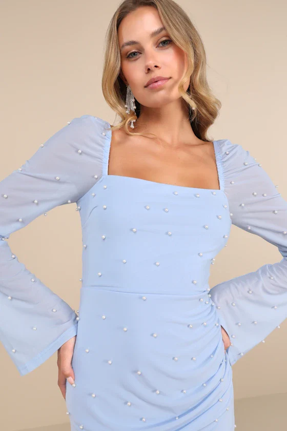 Flirty Luxury Light Pink Mesh Pearl Long Sleeve Mini Dress