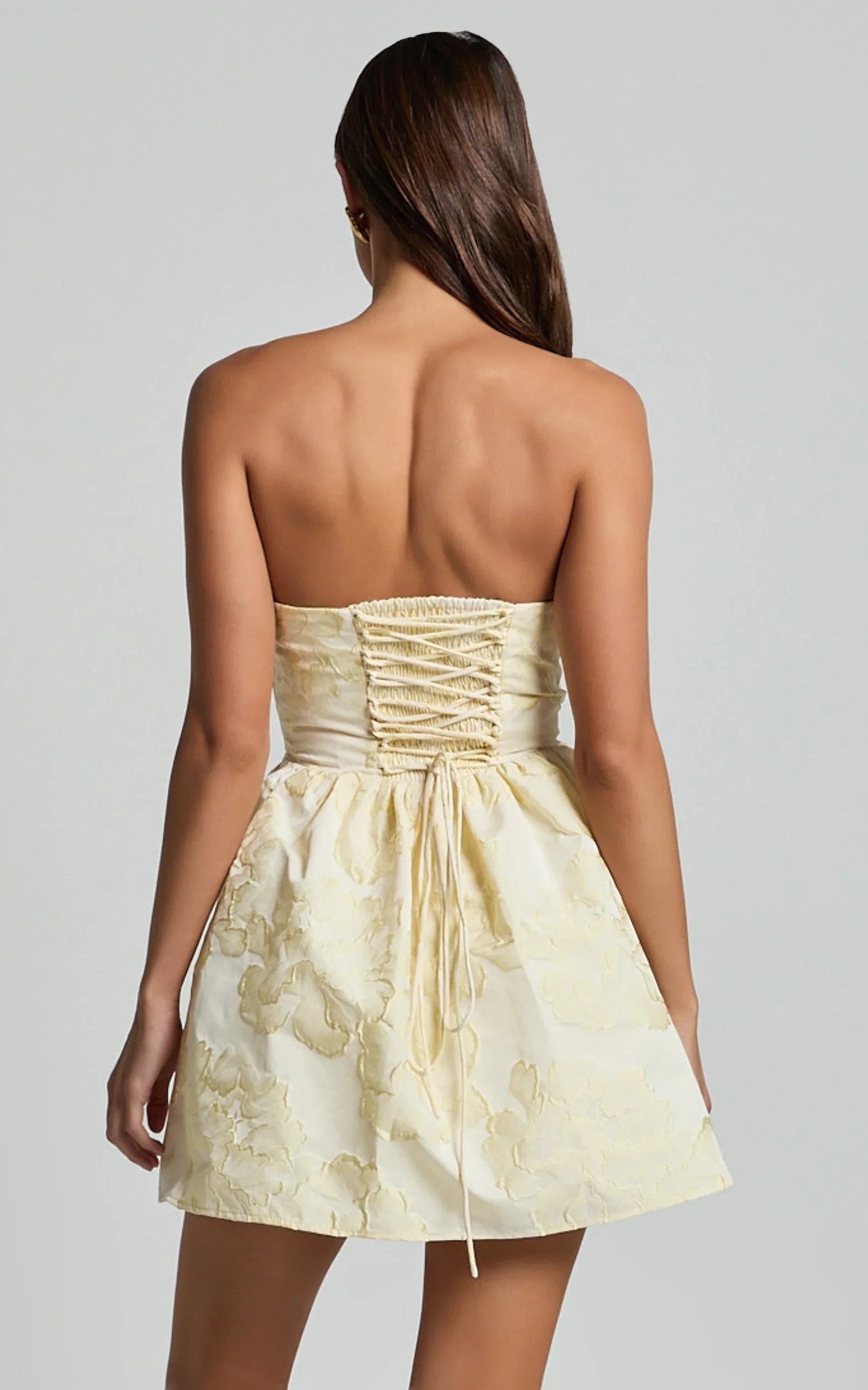 Laure Mini Dress - Strapless Jacquard Dress in Lemon
