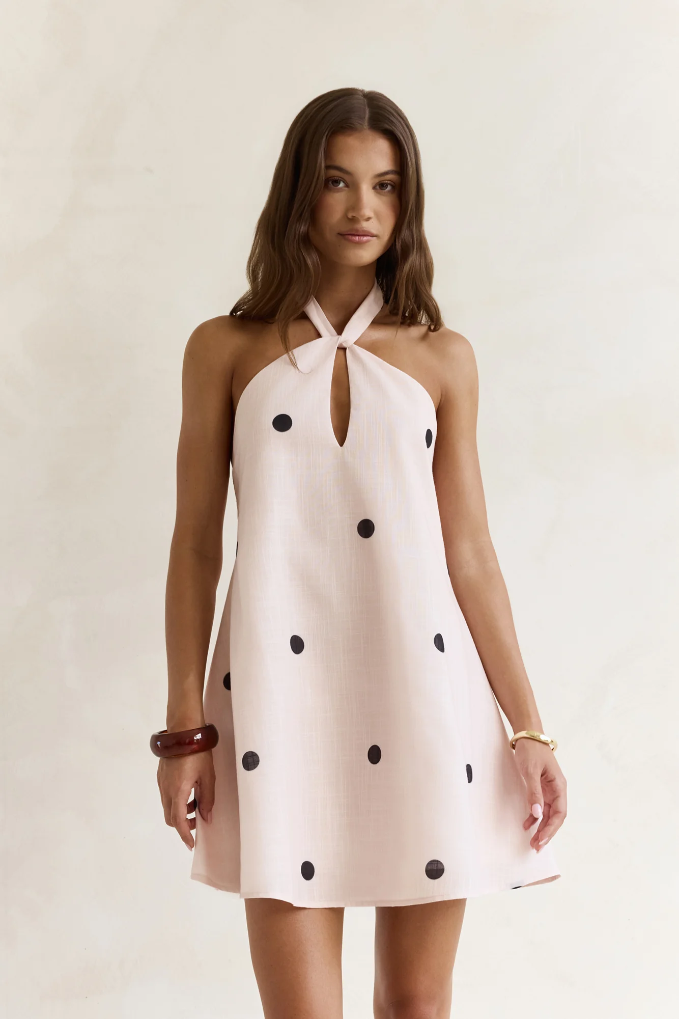 Faith In You Polka Dot Halter Mini Dress Beige