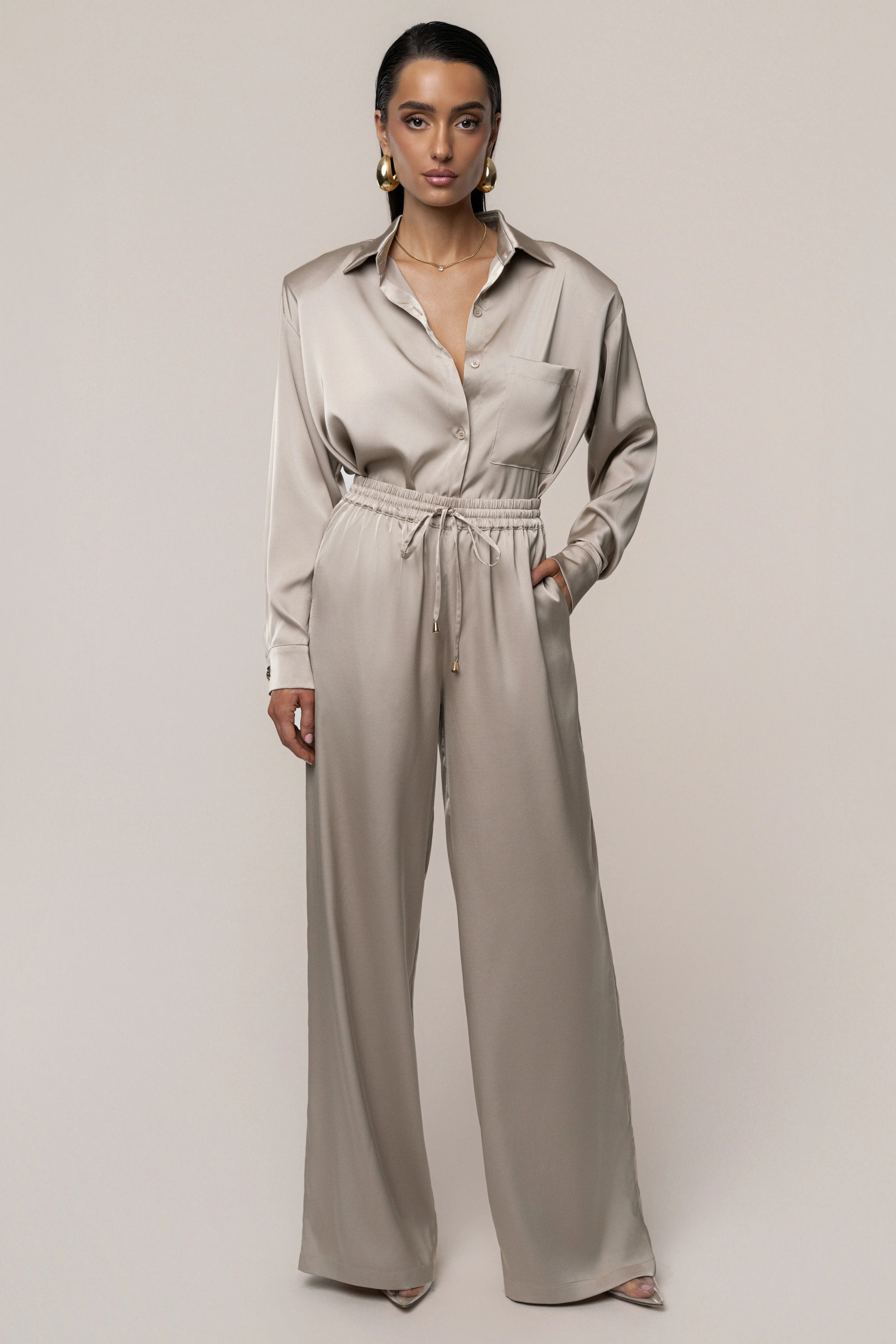 Beige Island Ease Collared Satin Top