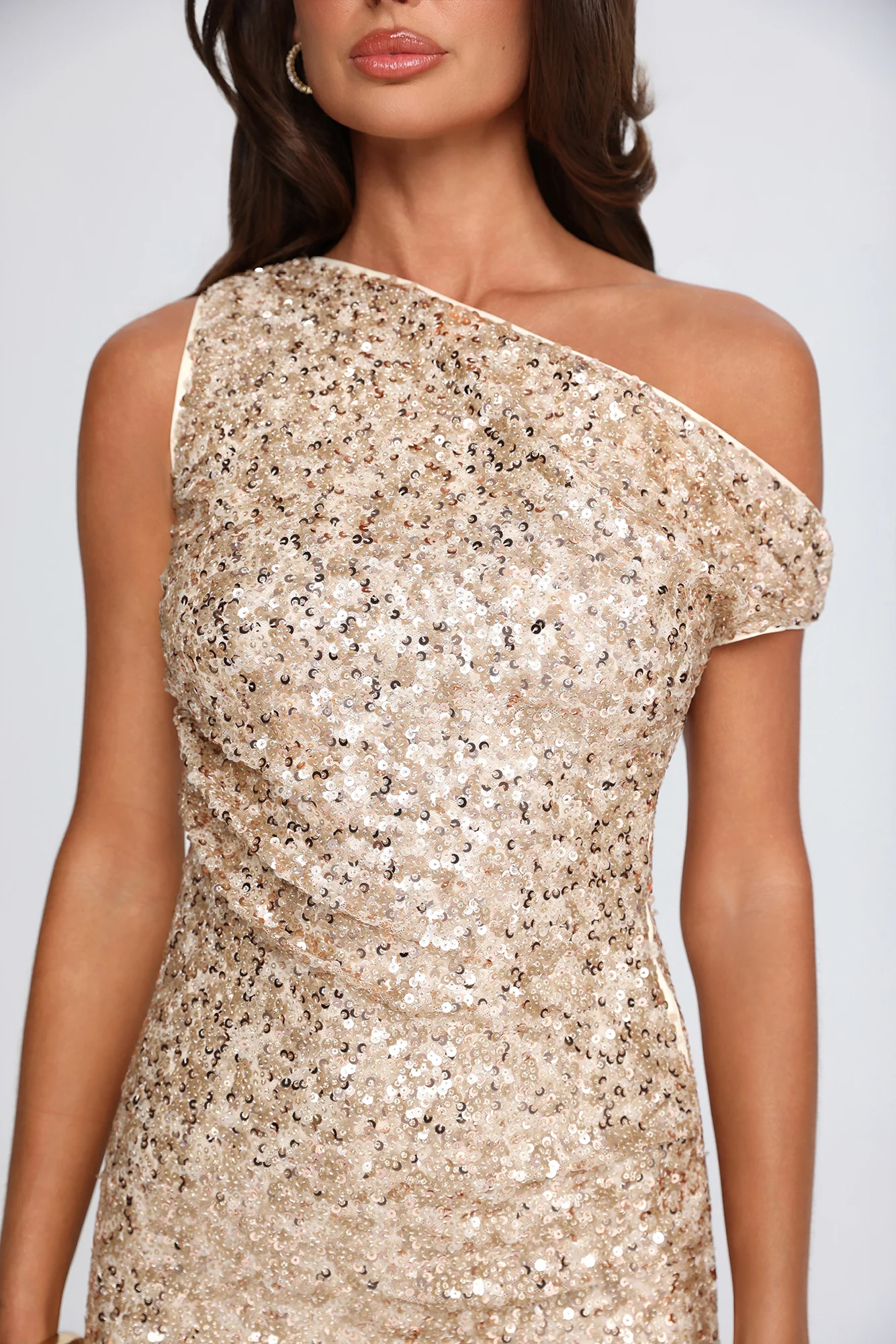 The Social Scene Off Shoulder Sequin Mini Dress Gold
