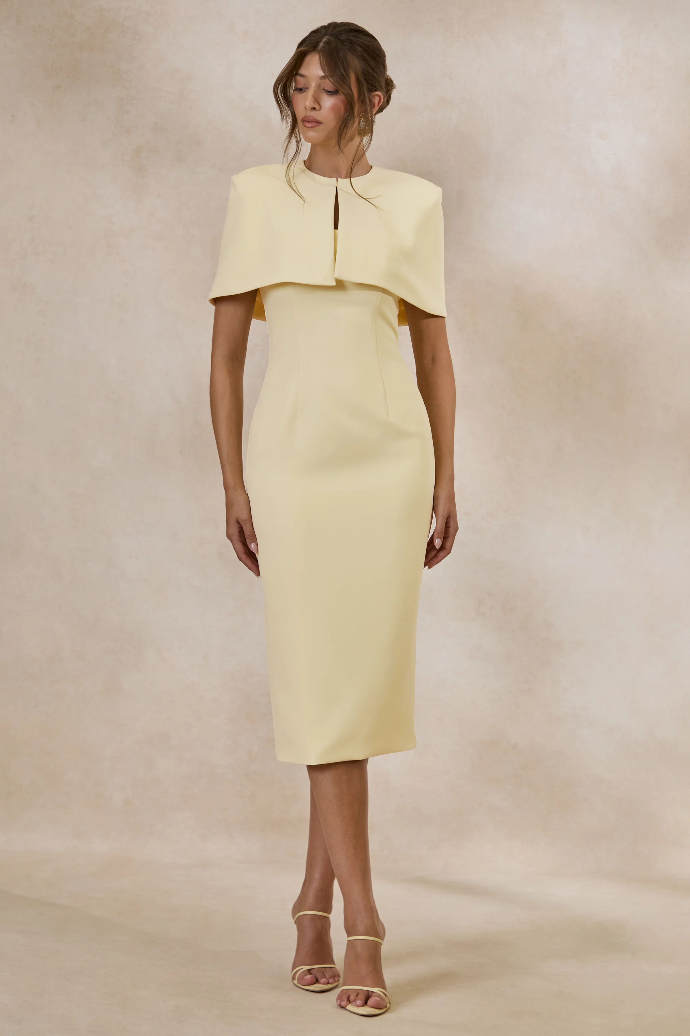 Celandia | Lemon Round Neck Midi Dress With Detachable Cape And Back Split