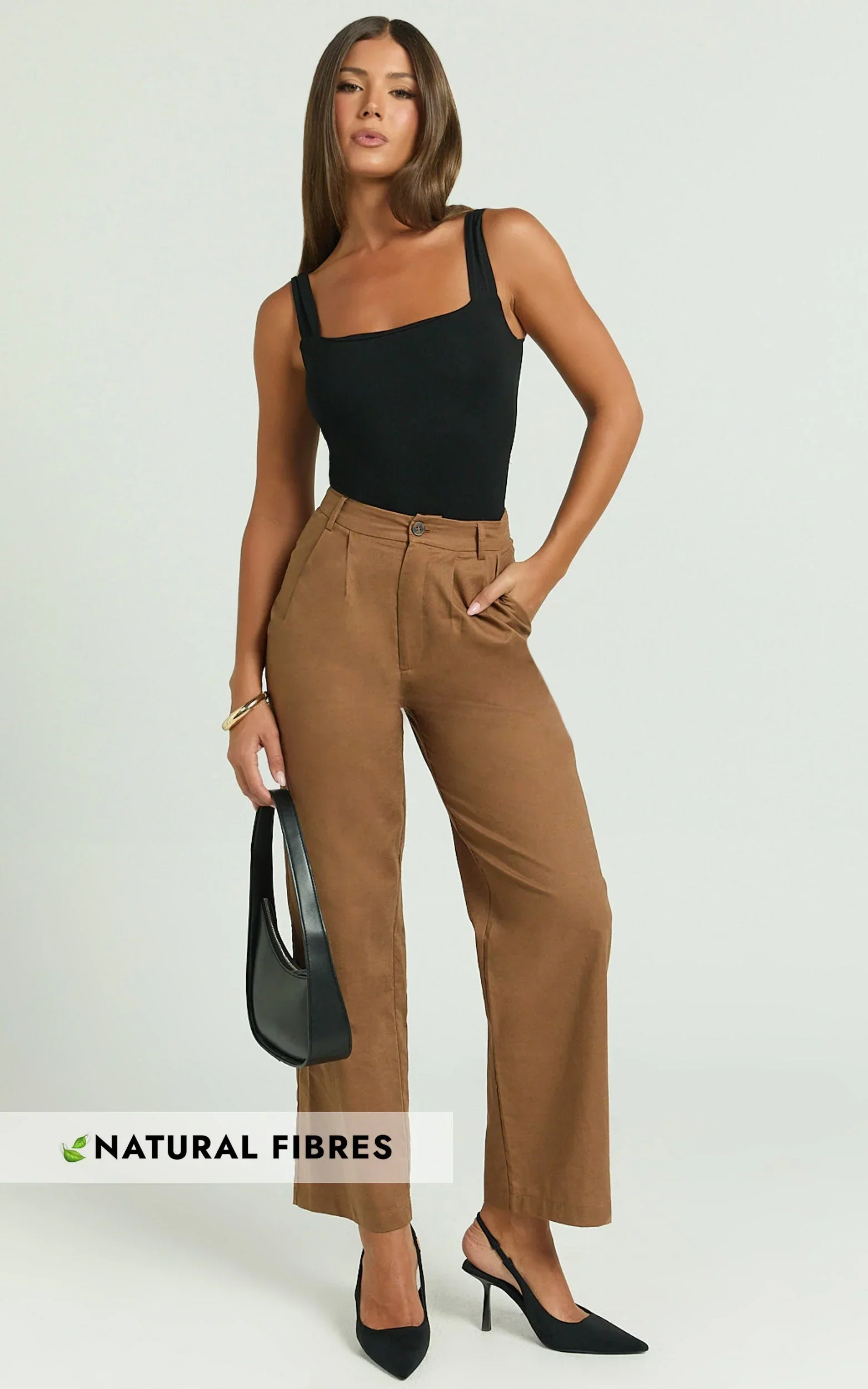 Celenia Linen Blend Pants - High Waisted Wide Leg Pants in Tobacco