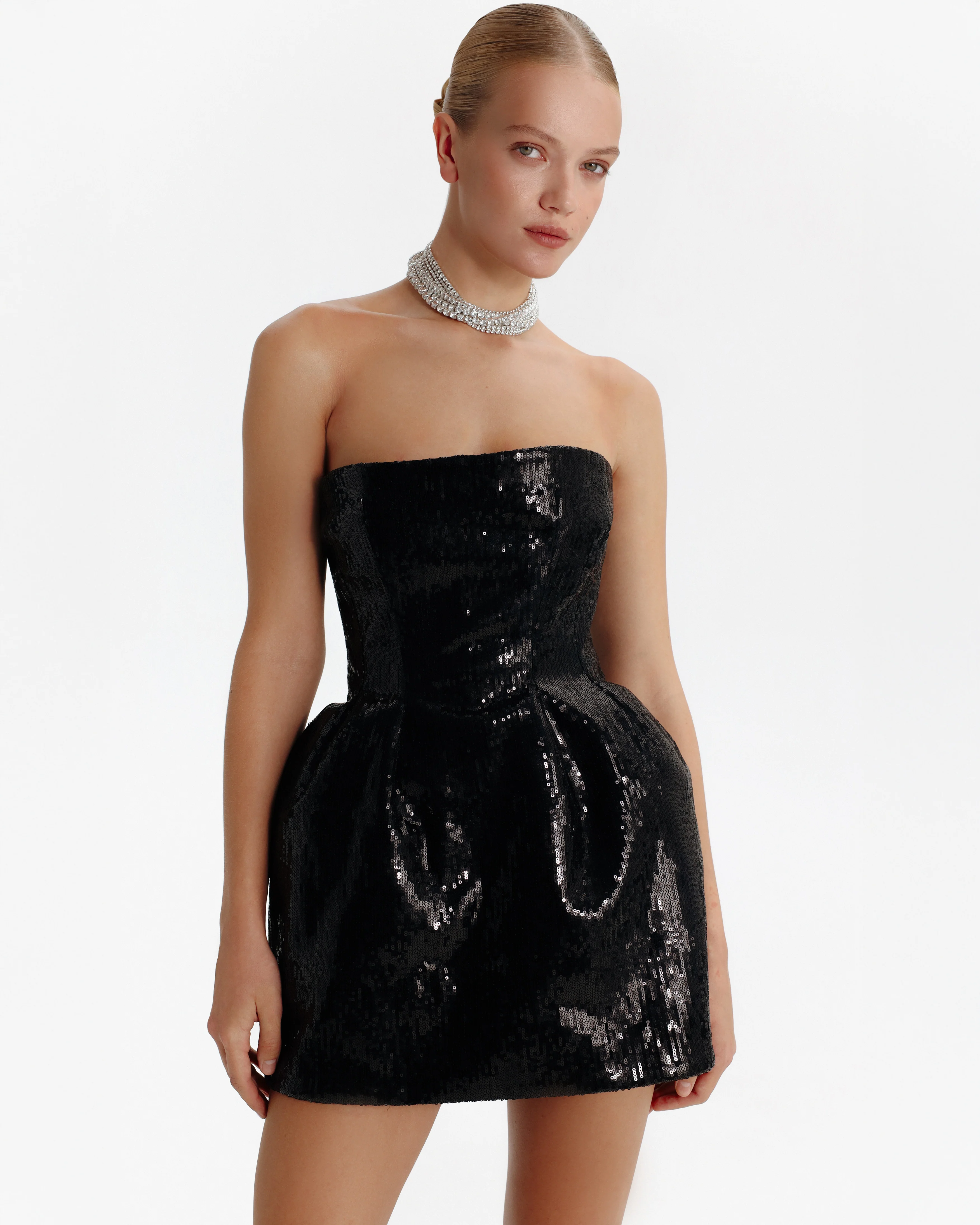 Sculpted black shiny mini dress