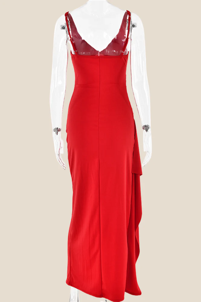 V-neck Red High Slit Ruched Long Dress