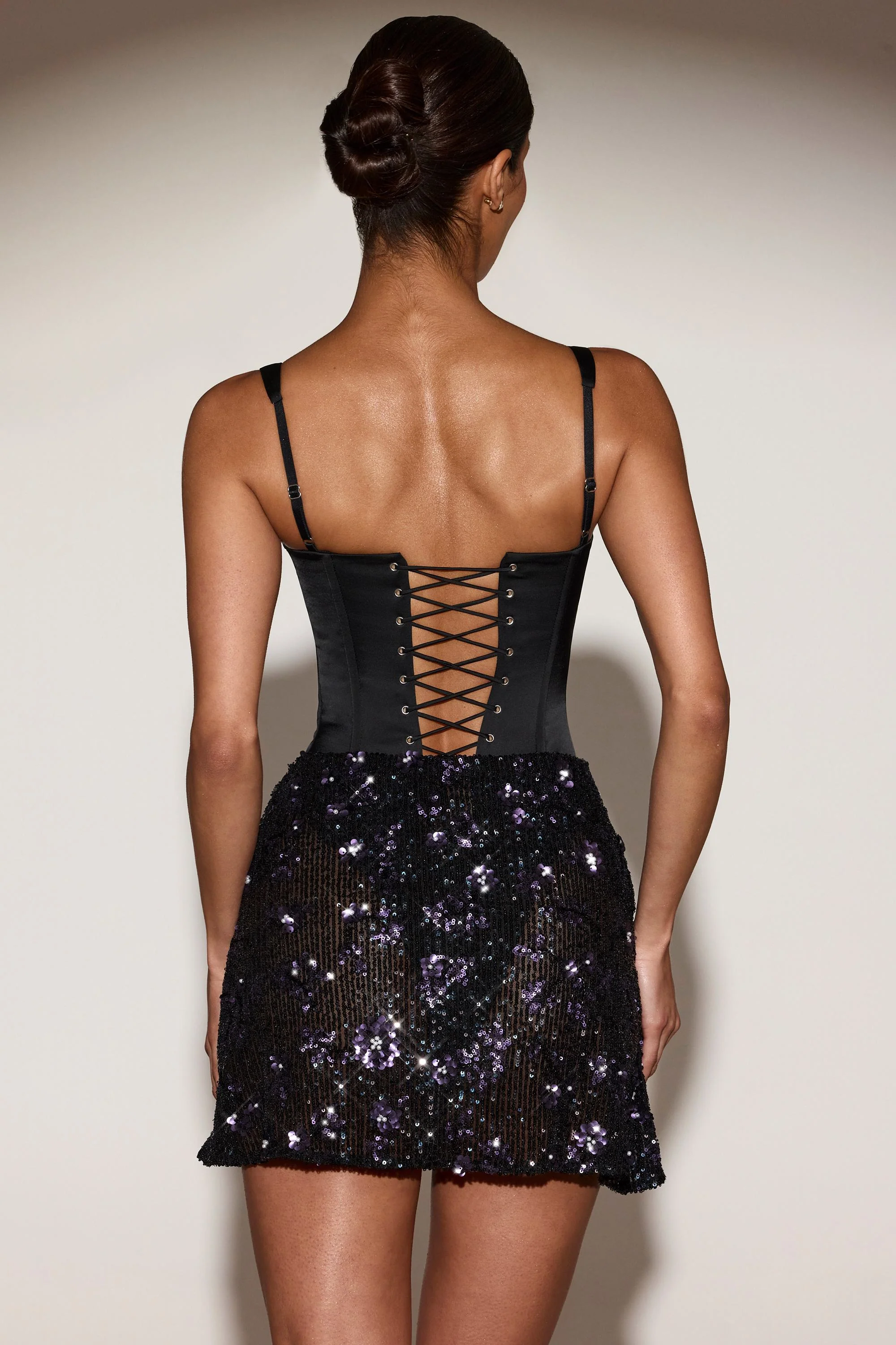 Satin Corset Embellished Skirt Mini Dress in Black Purple