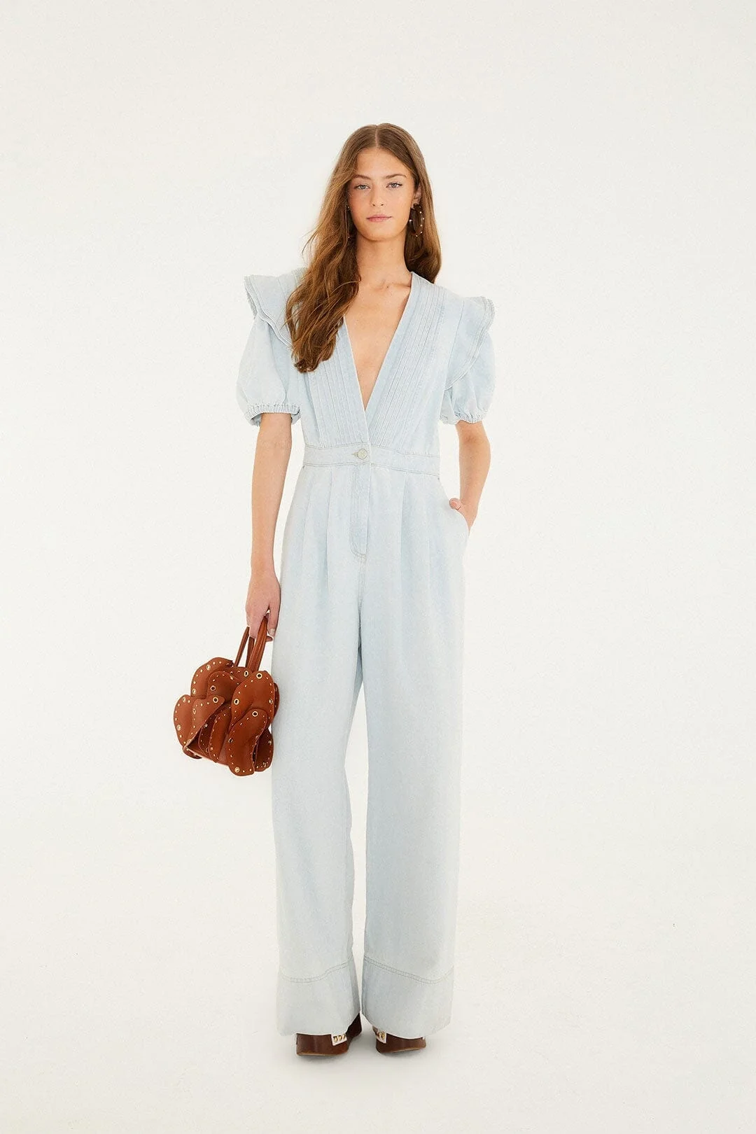Denim V Neck Pleated Ruffled Jumpsuit