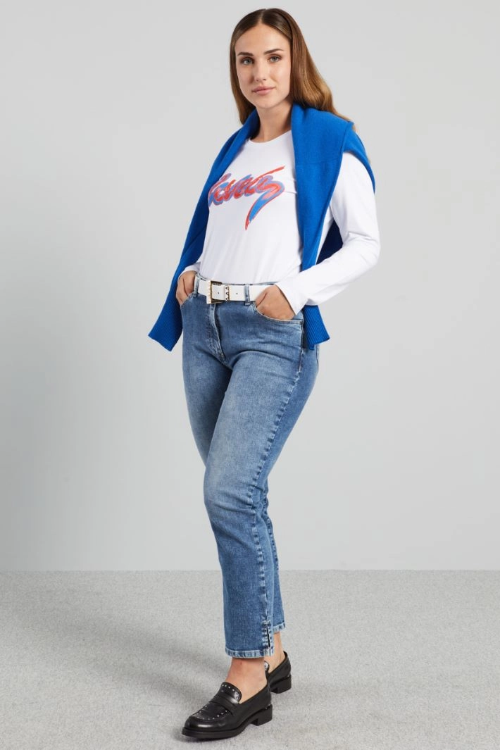 Stretch cotton T-shirt - WHITE CORAL LIGHT BLUE