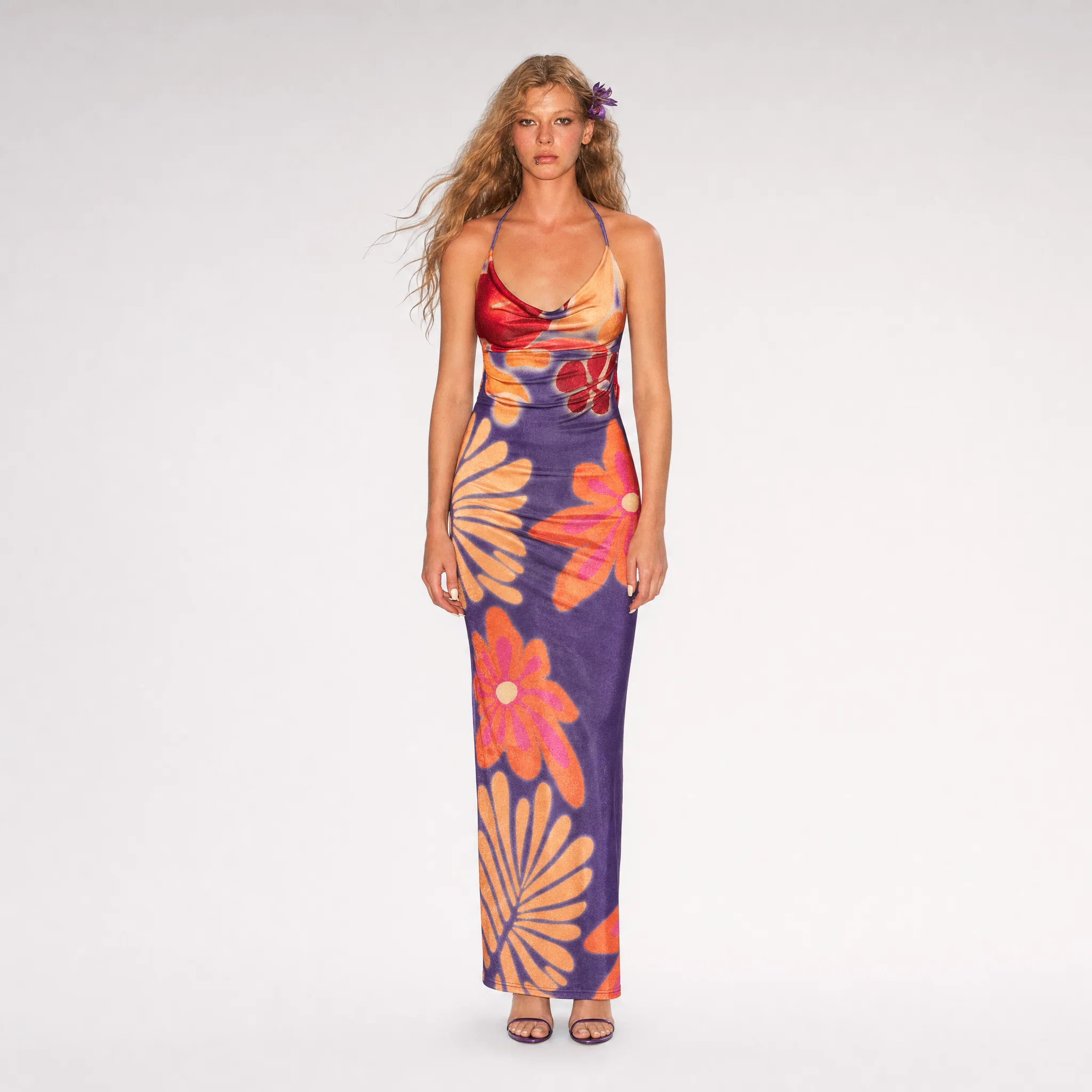 Floral Cowl Backless Dress