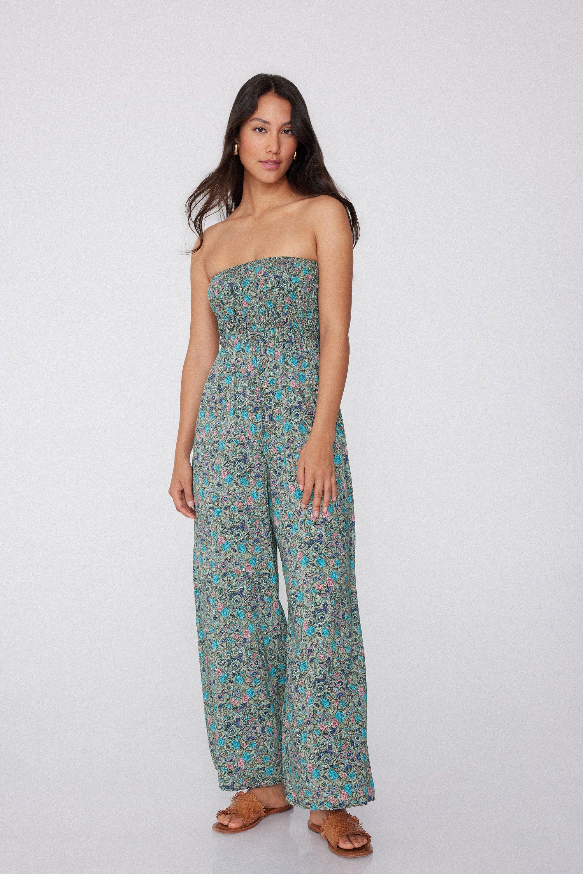 Long Viscose Smocked Bandeau Jumpsuit