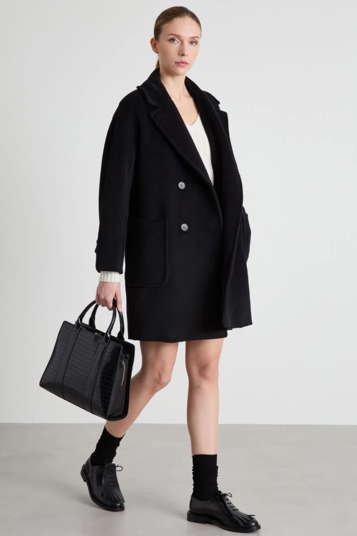 Double-breasted beaver coat - BLACK