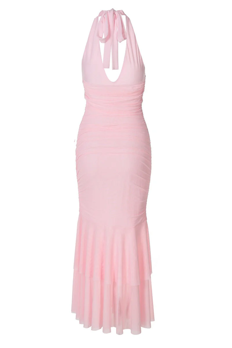 Halter Plunge Pink Fitted Ruffle Dress