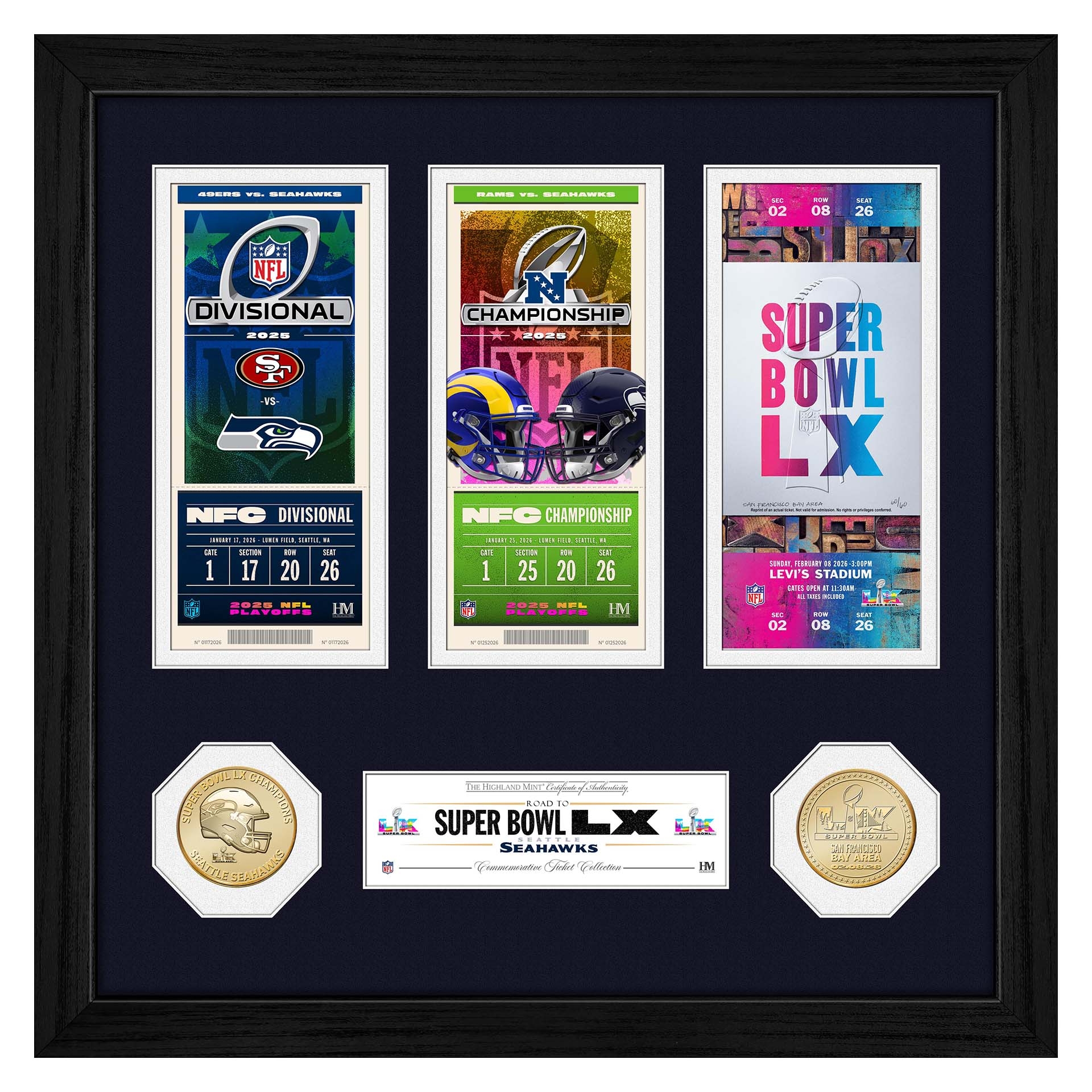 Seattle Seahawks Road to Super Bowl LX Tickets Bronze Coins NFL Frame