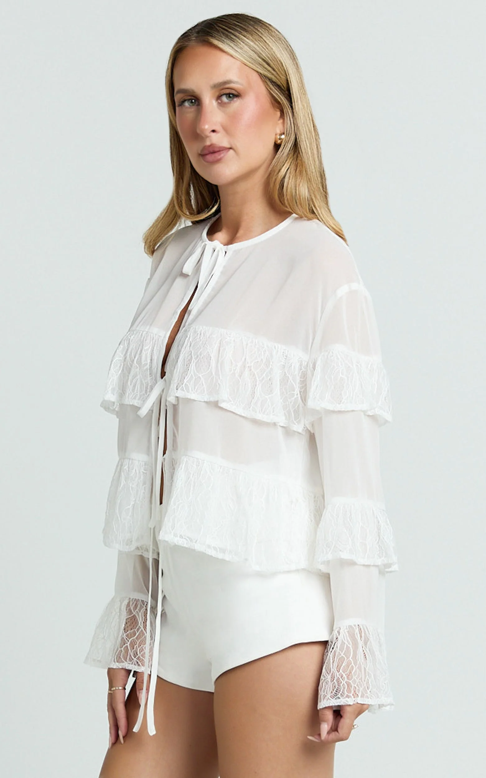 Safiya Top - Tie Front Ruffle Sleeve Blouse Top in White