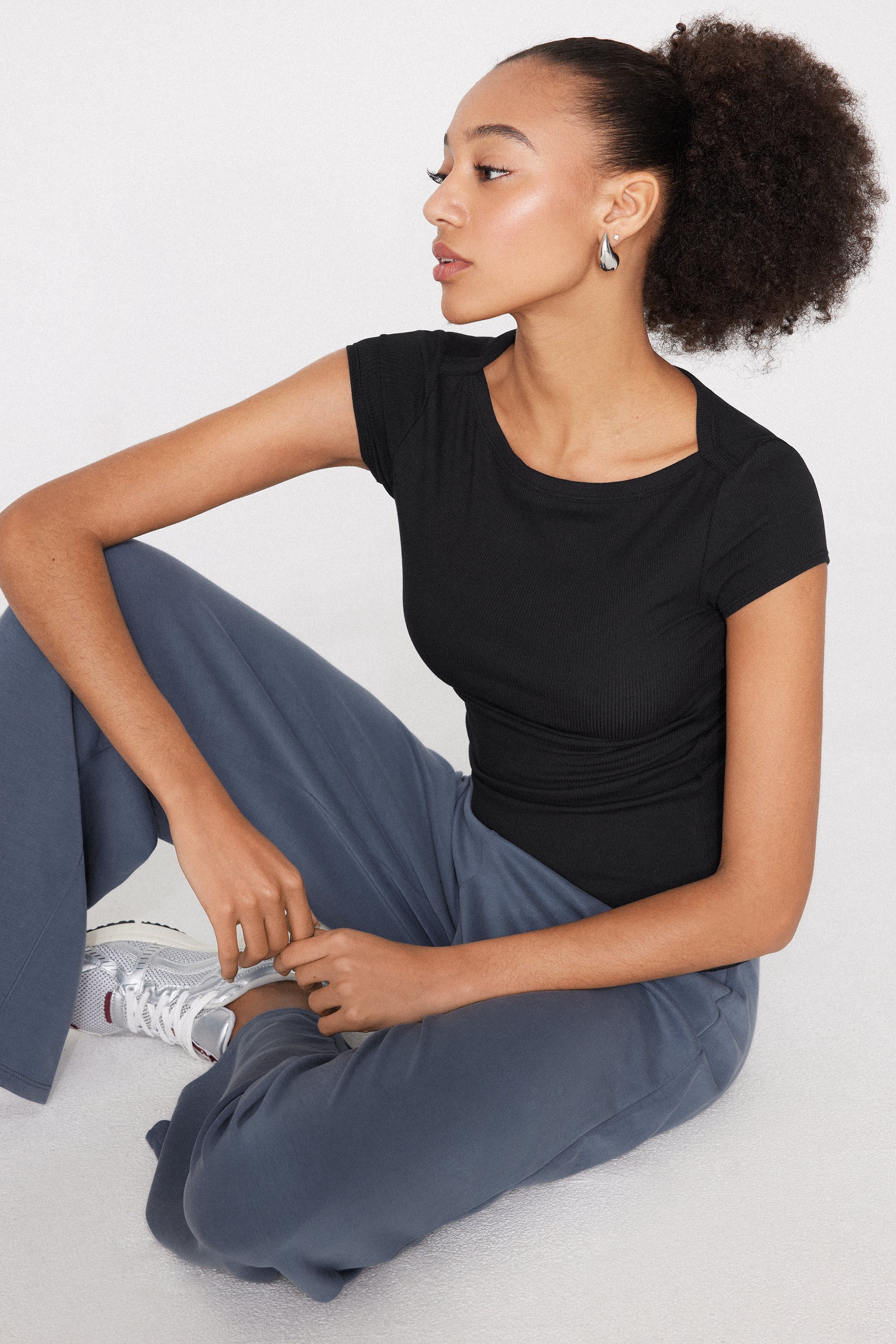 Ribbed Cotton Boat Neck T-Shirt