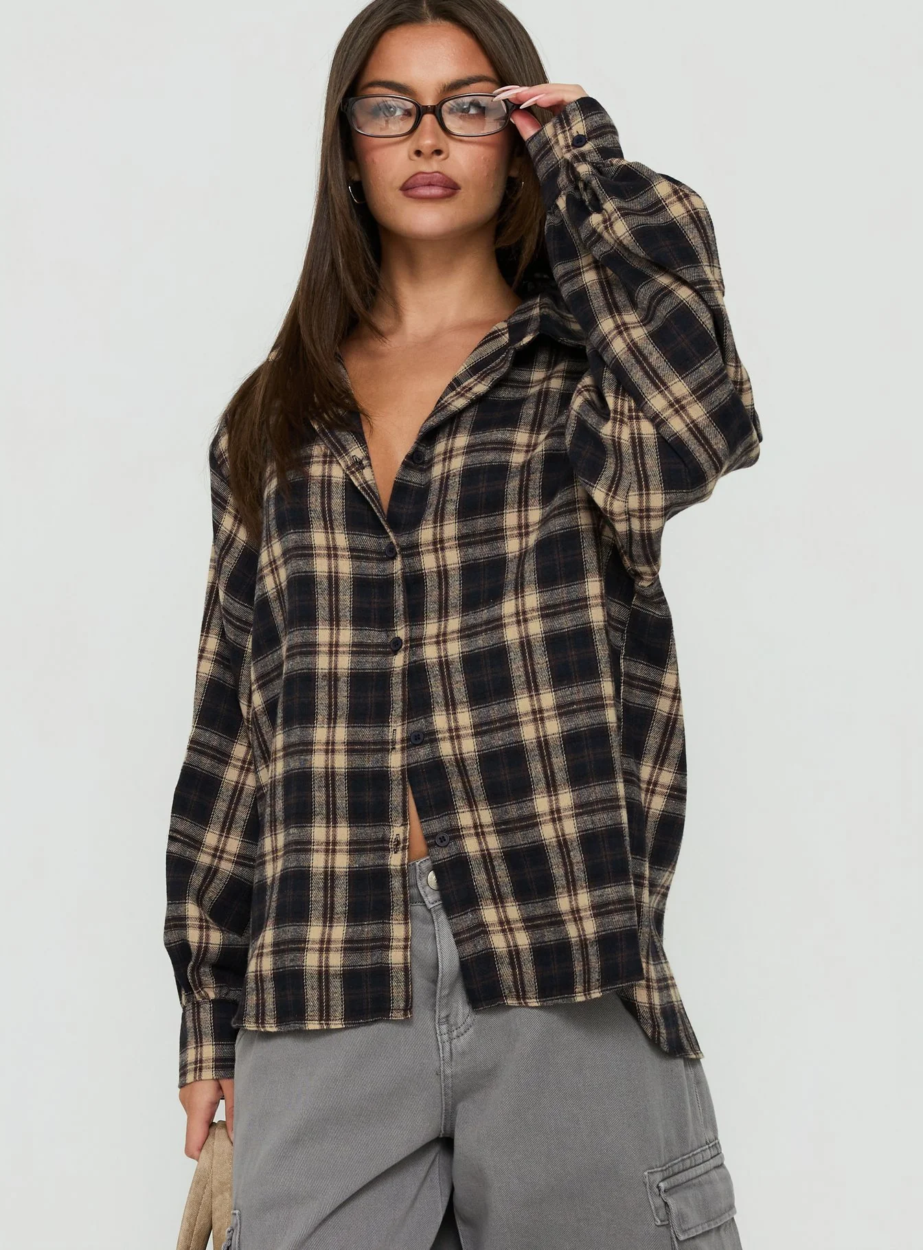 Caydence Long Sleeve Button Down Flannel Top Check Multi